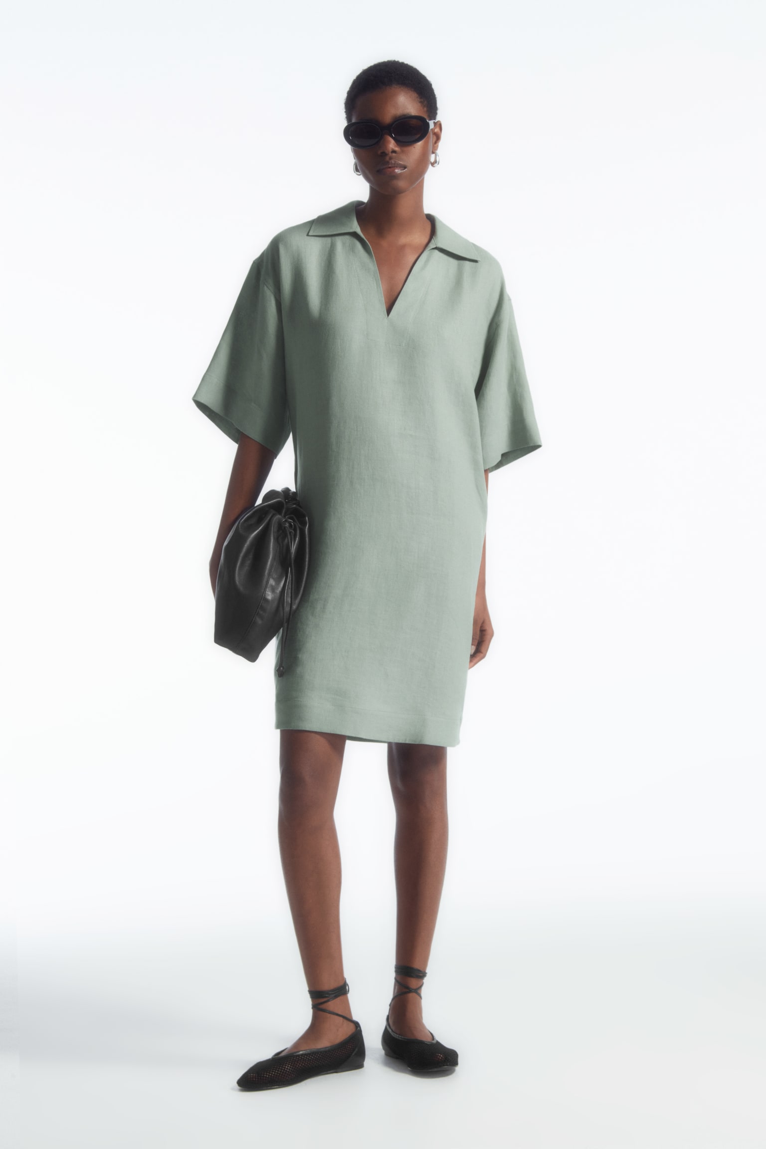 OPEN-COLLAR LINEN SHIRT DRESS - SAGE GREEN/BLACK - 1