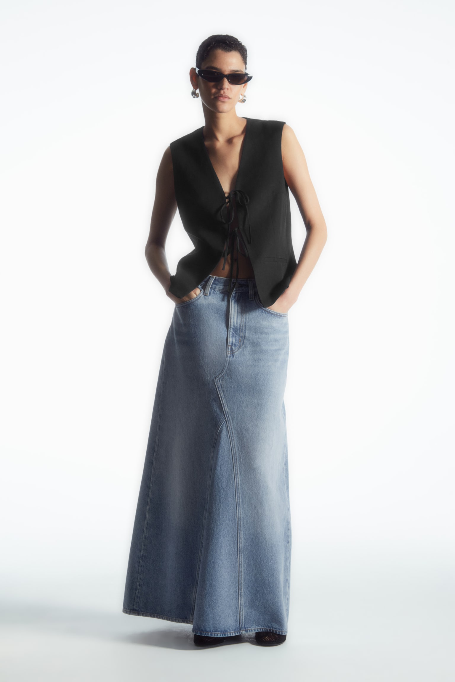 PANELLED DENIM MAXI SKIRT - BLUE/OFF-WHITE - 1