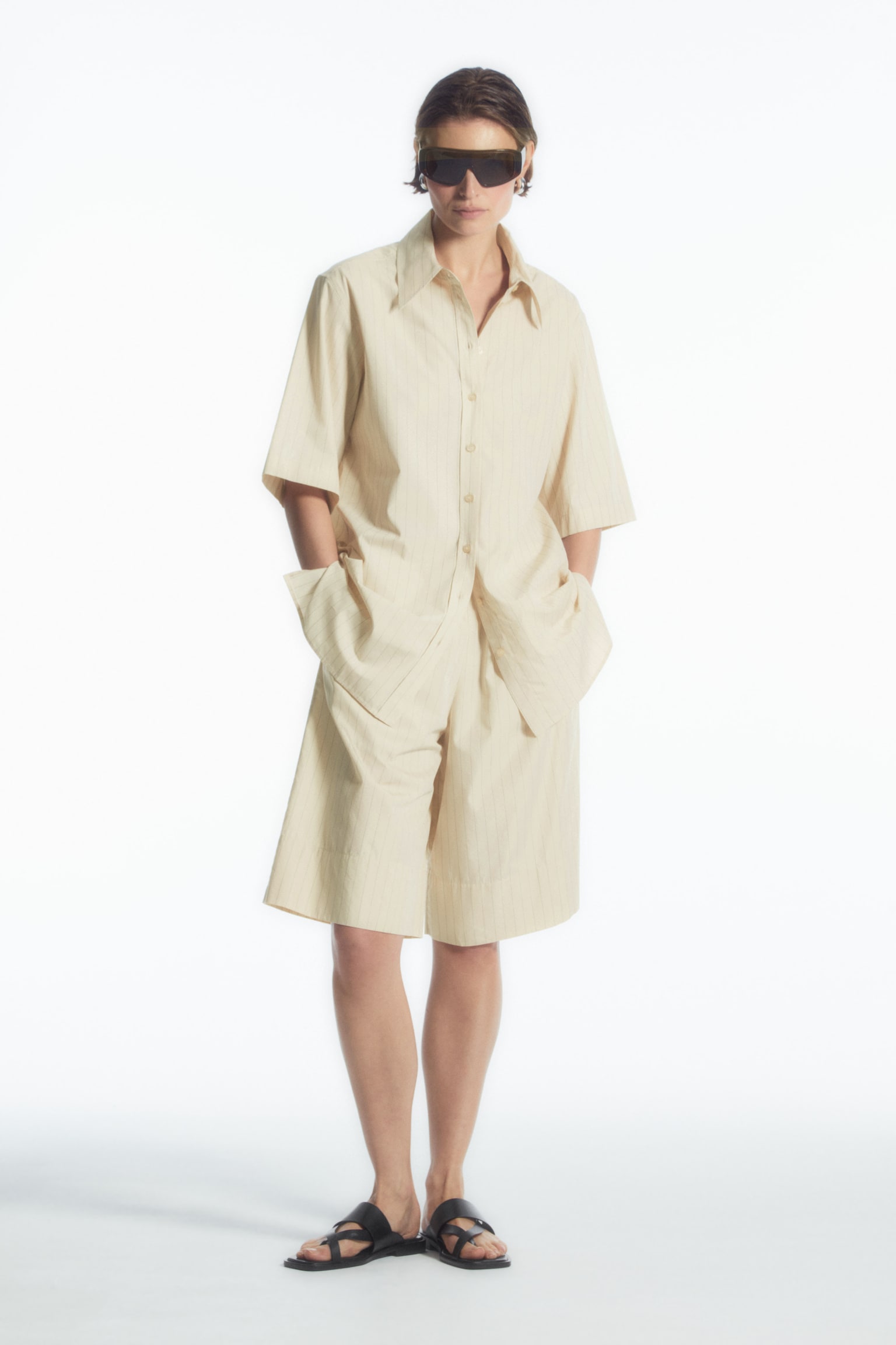 REGULAR SHORT-SLEEVED TUNIC SHIRT - BEIGE / PINSTRIPED - 4