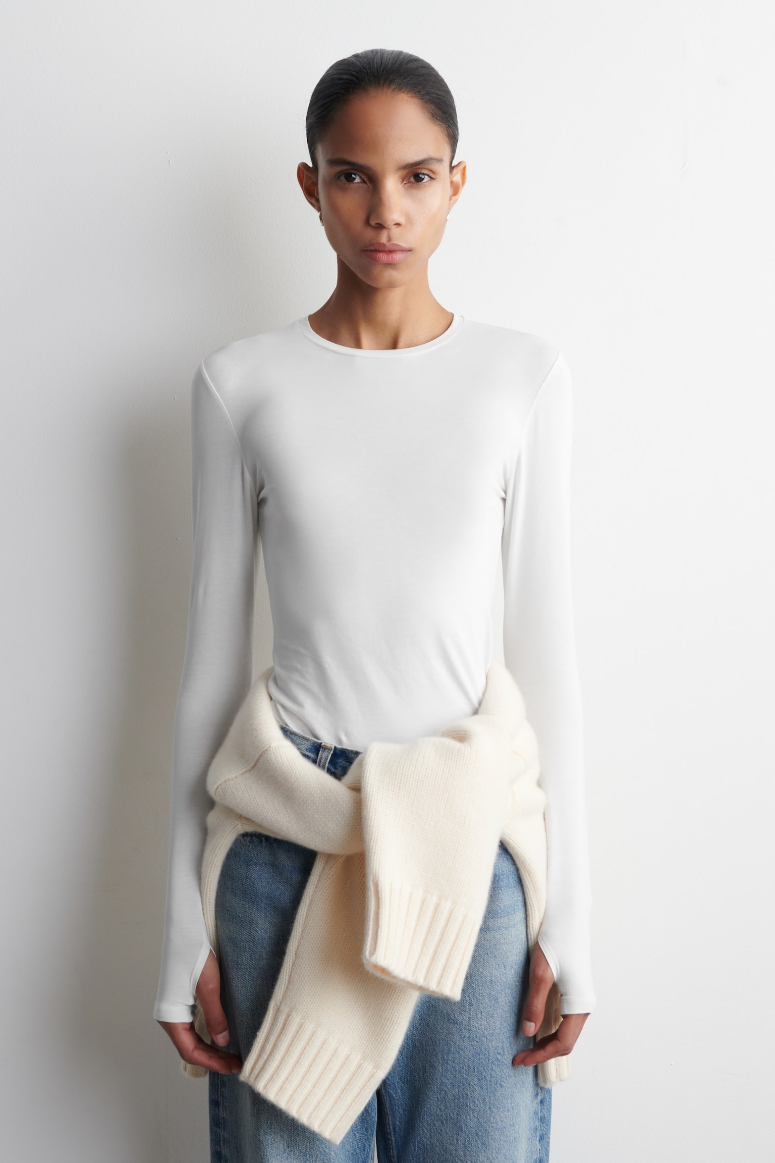 katoenen top met lange mouwen - WIT/BEIGE MÉLANGE/MARINEBLAUW/GROEN/ZWART - 1