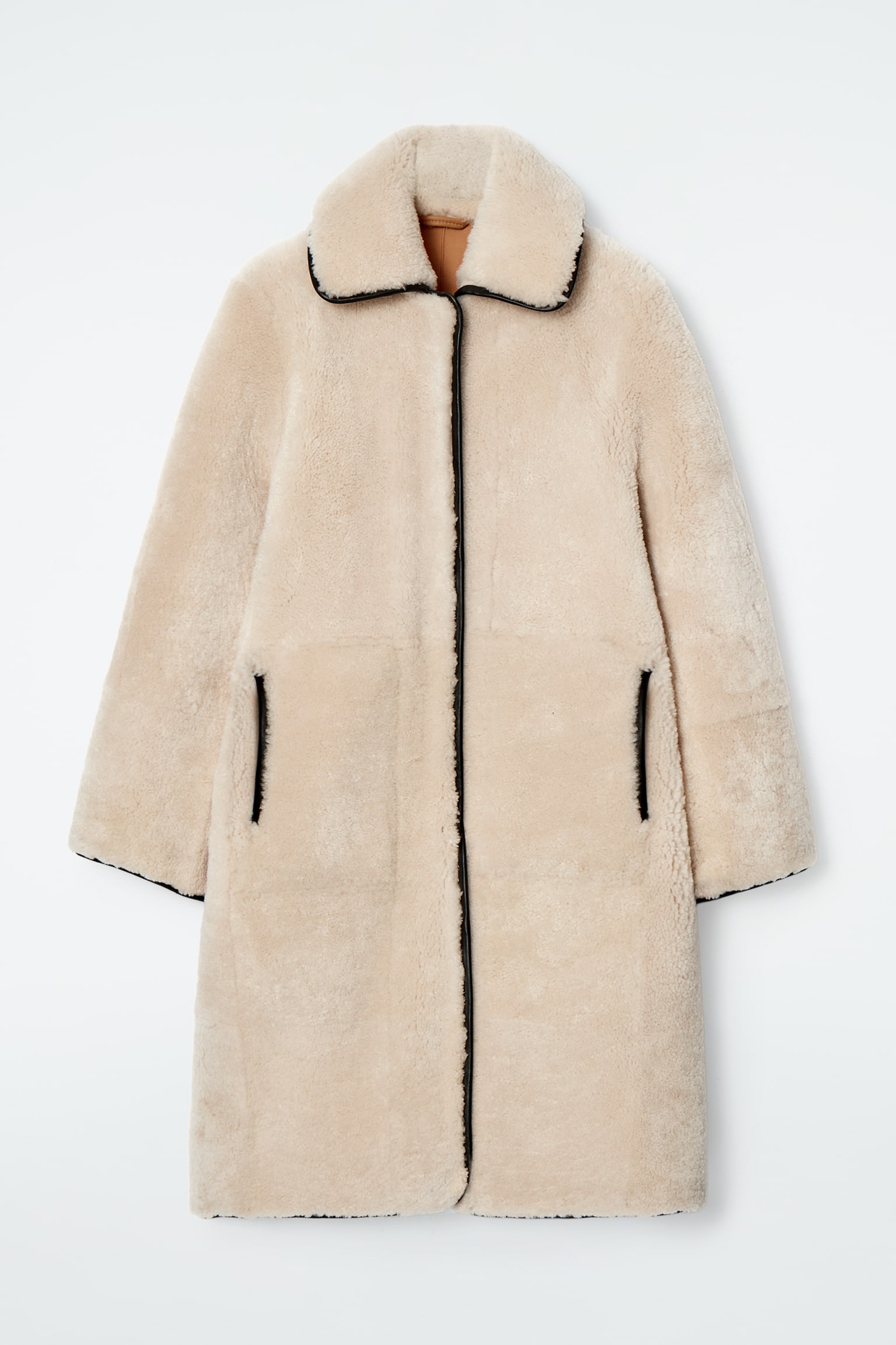 LEATHER-TRIMMED SHEARLING COAT - CREAM - 2