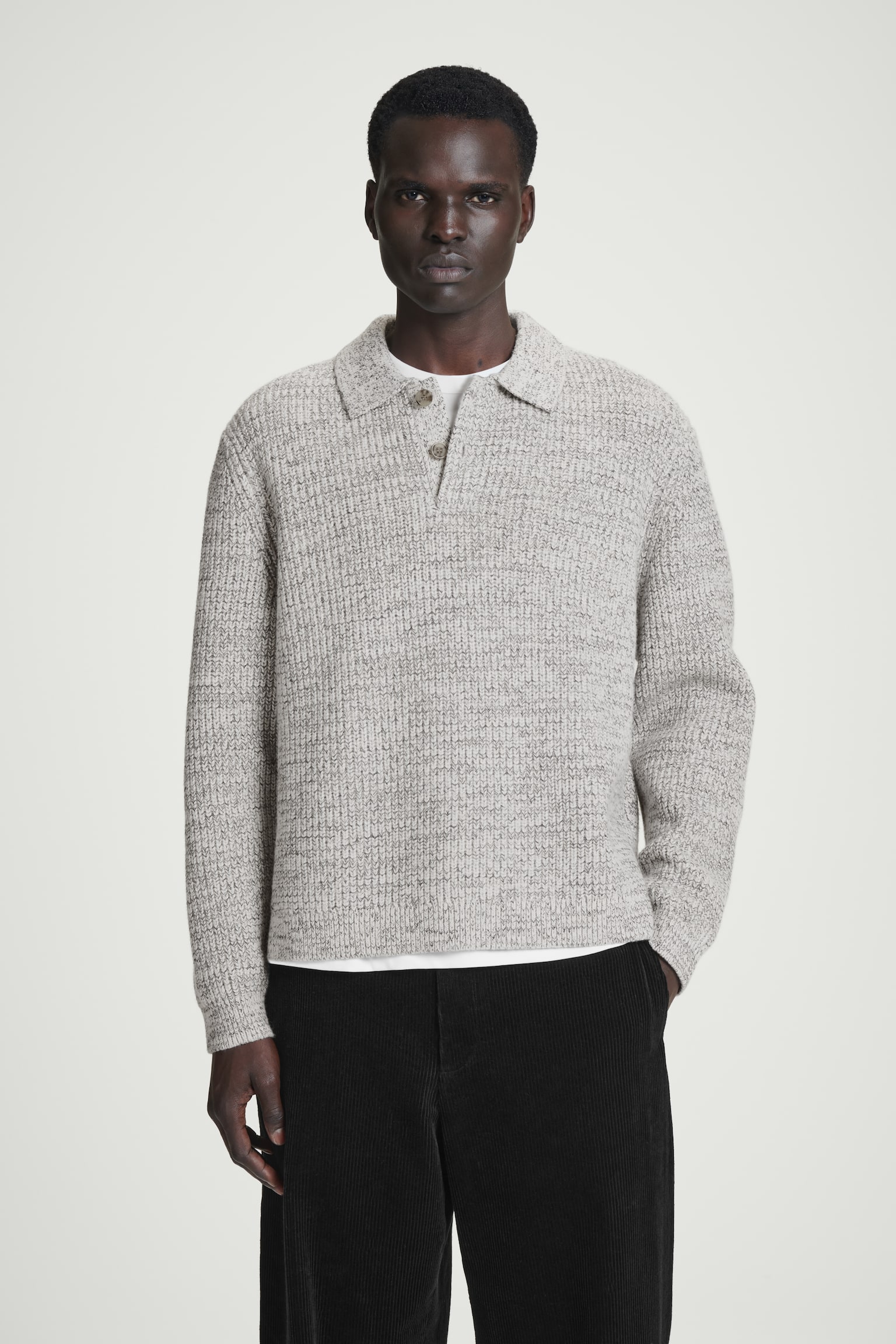 TWISTED-YARN WOOL POLO JUMPER - GREY MÉLANGE/NAVY MÉLANGE