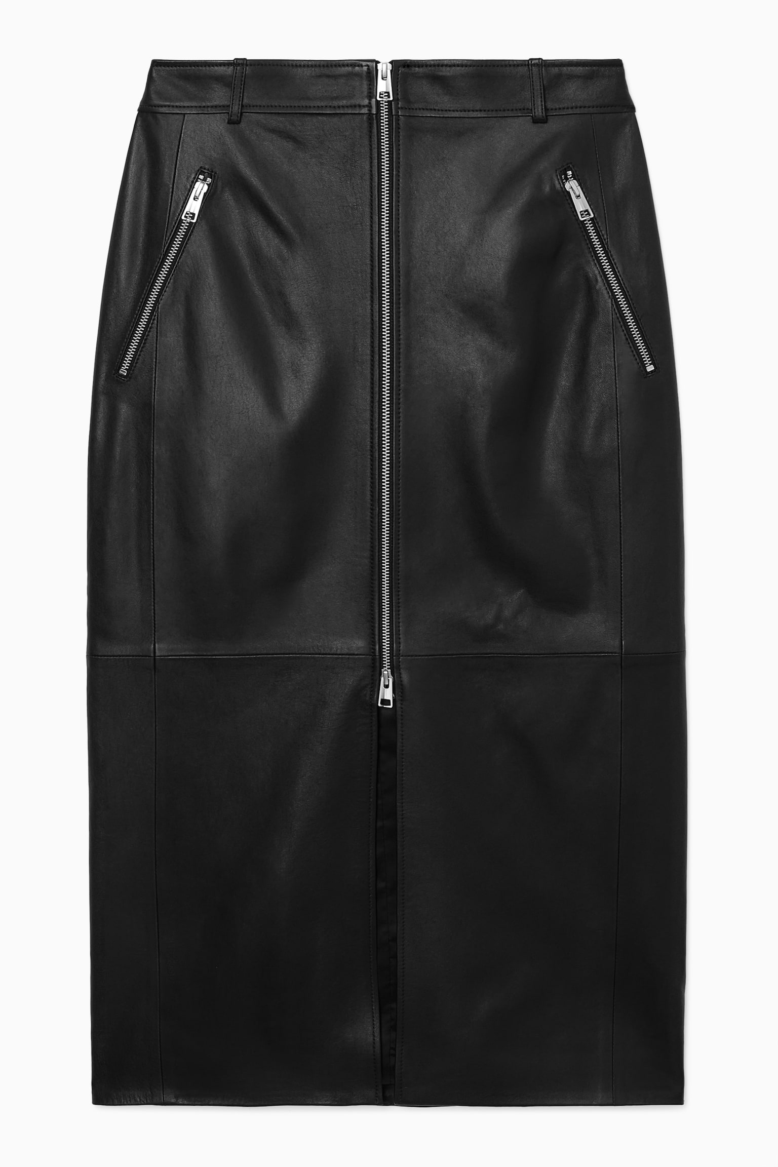 ZIP-UP LEATHER MIDI SKIRT - BLACK - 1