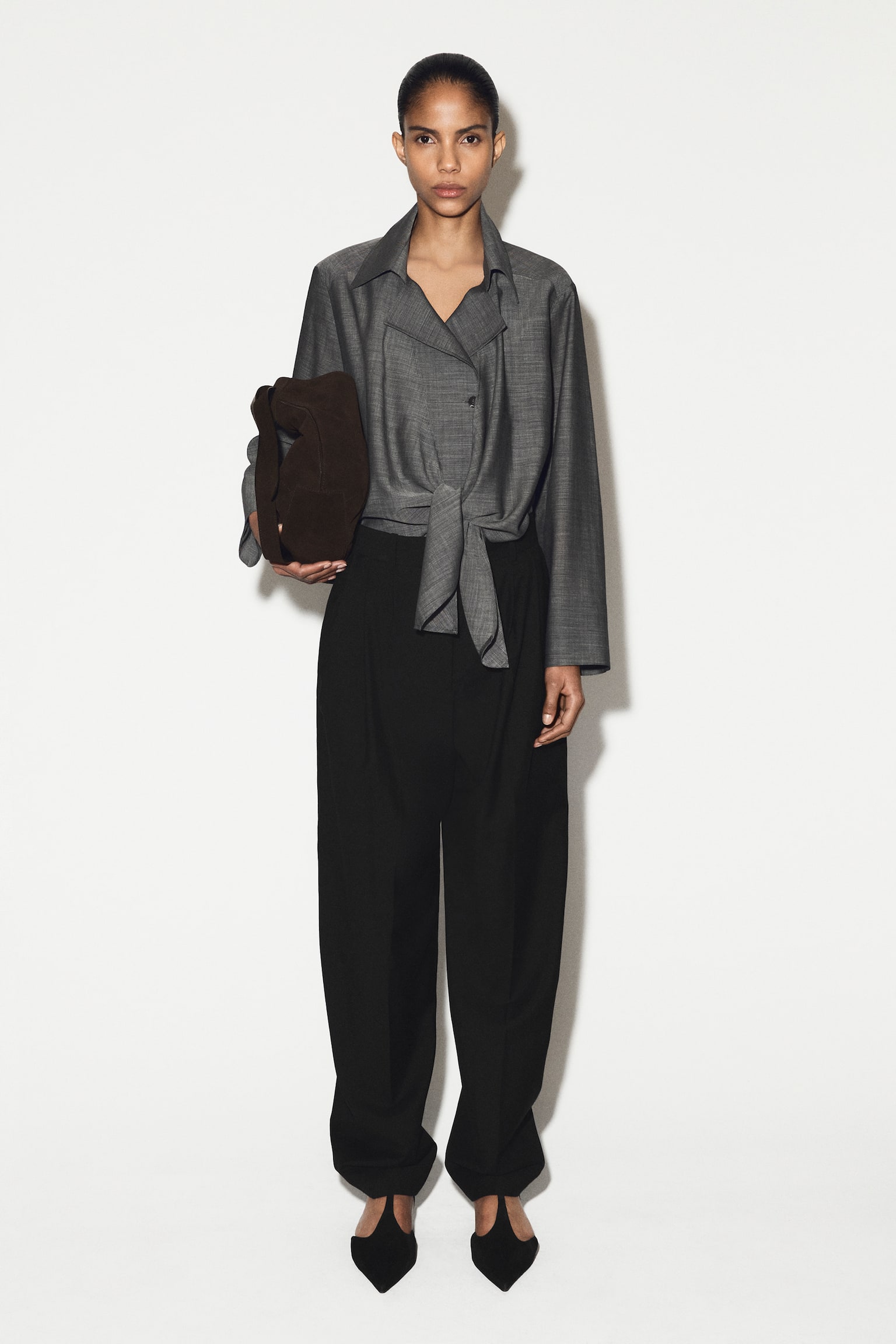 Hemd van wol-ramie met strikdetail aan de voorkant - GRIJS MELANGE - 8