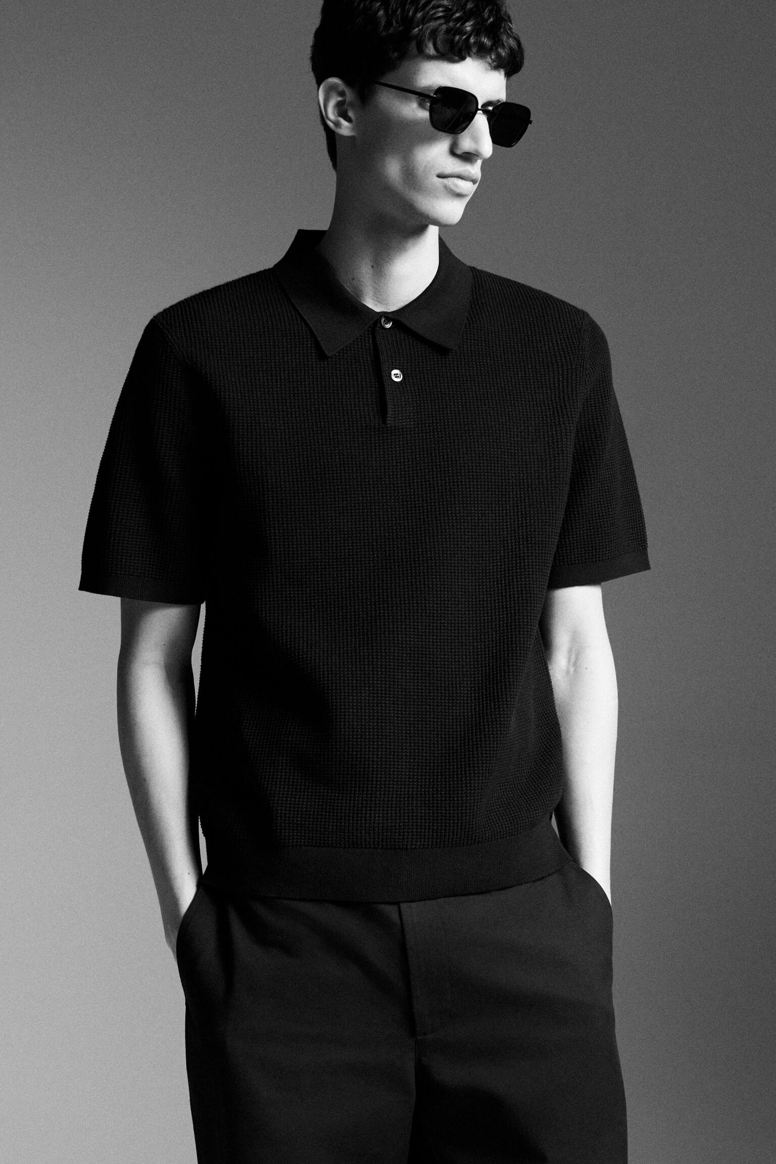 WAFFLE-KNIT COTTON POLO SHIRT - BLACK/DARK BEIGE - 8