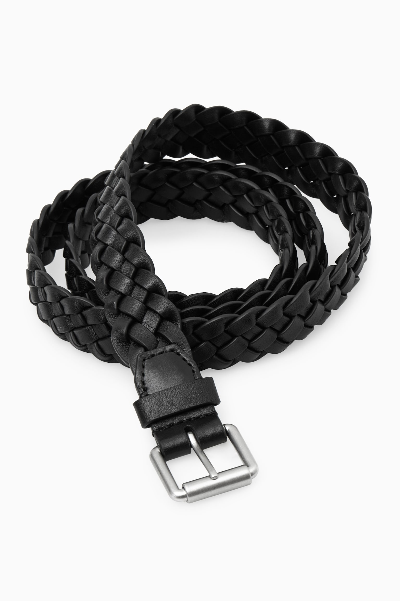 SLIM WOVEN LEATHER BELT - BLACK - 2