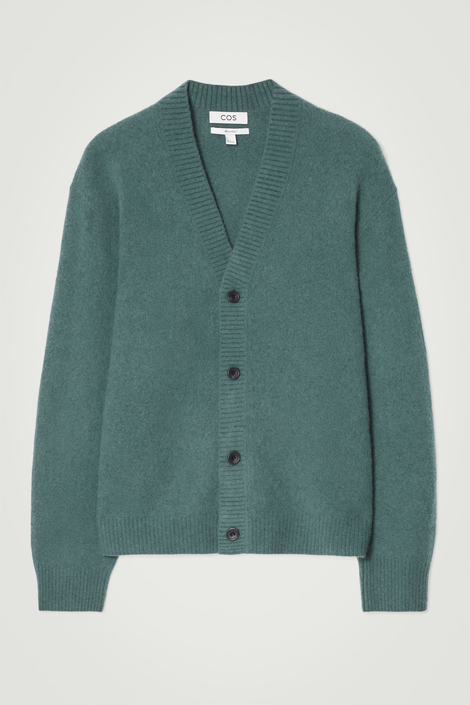 BRUSHED-WOOL V-NECK CARDIGAN - TEAL/DARK BROWN - 1