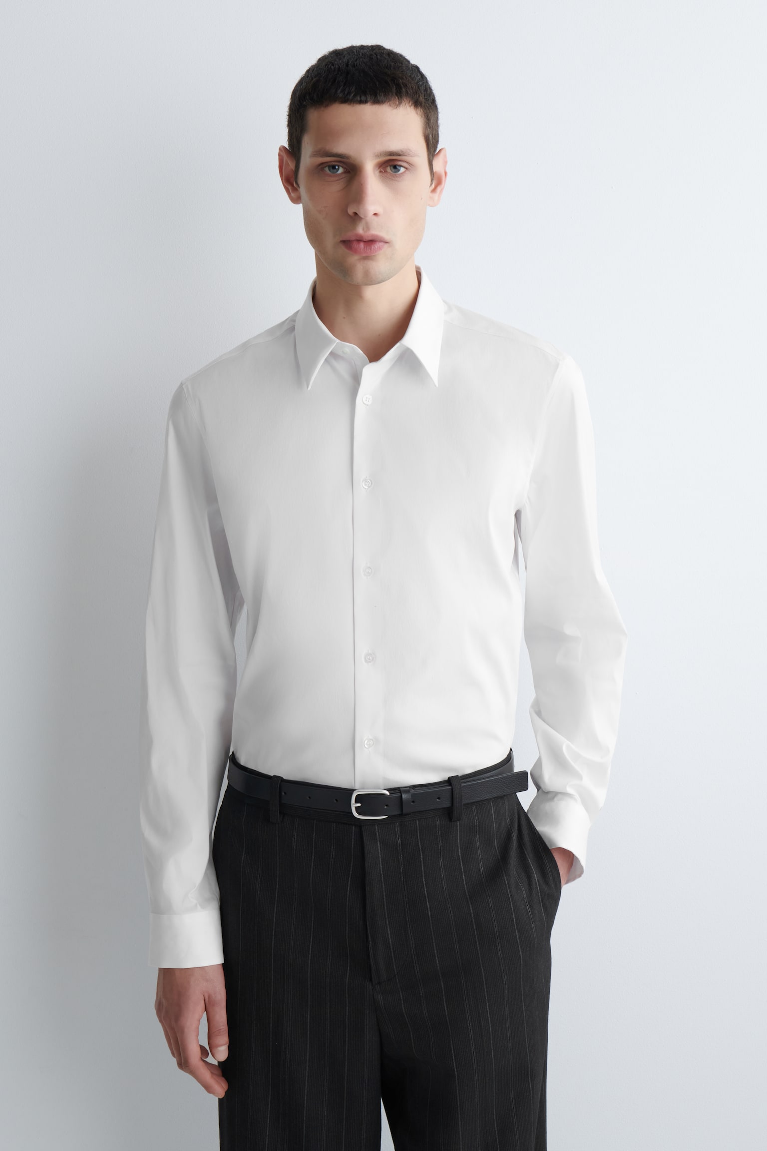 CAMICIA IN POPELINE DI COTONE DAL TAGLIO SLIM - BIANCO/BLU NAVY / GESSATO - 1