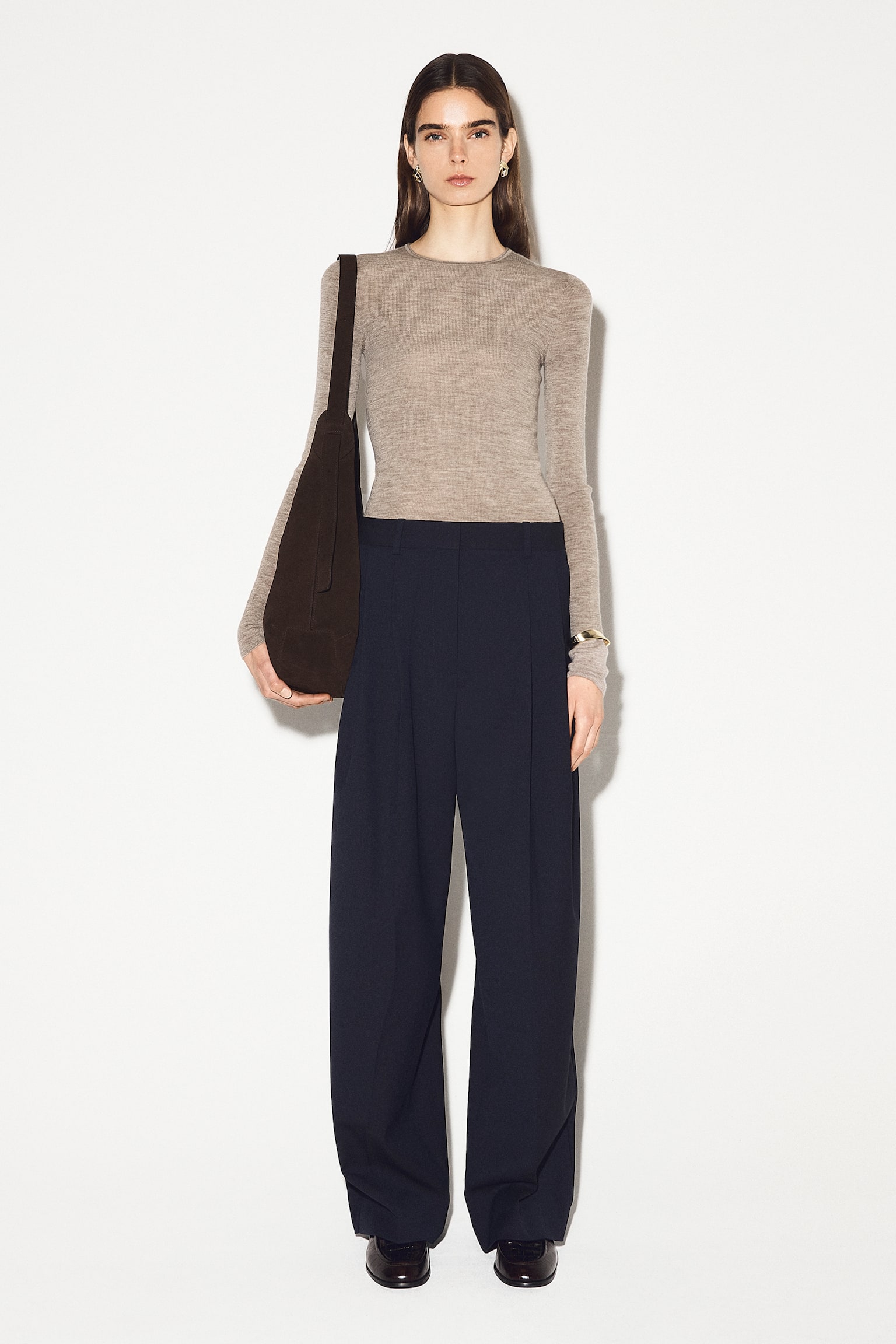 VARÁSNÉLKÜLI MERINÓ GYAPJÚ HOSSZÚ UJJÚ FELSŐ - BÉZS MELÍR/CHARCOAL MÉLANGE - 7