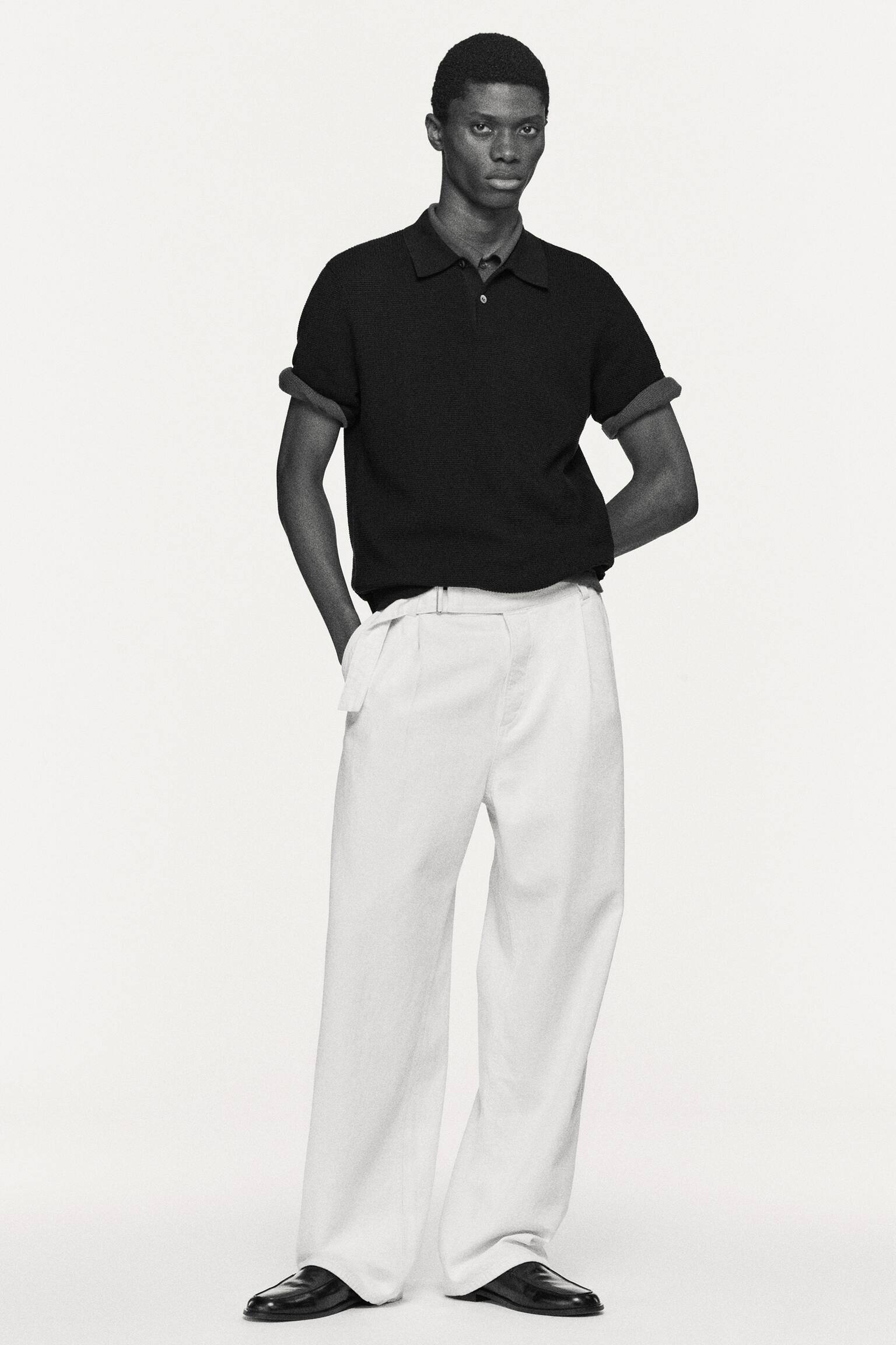 WAFFLE-KNIT COTTON POLO SHIRT - BLACK/DARK BEIGE - 6