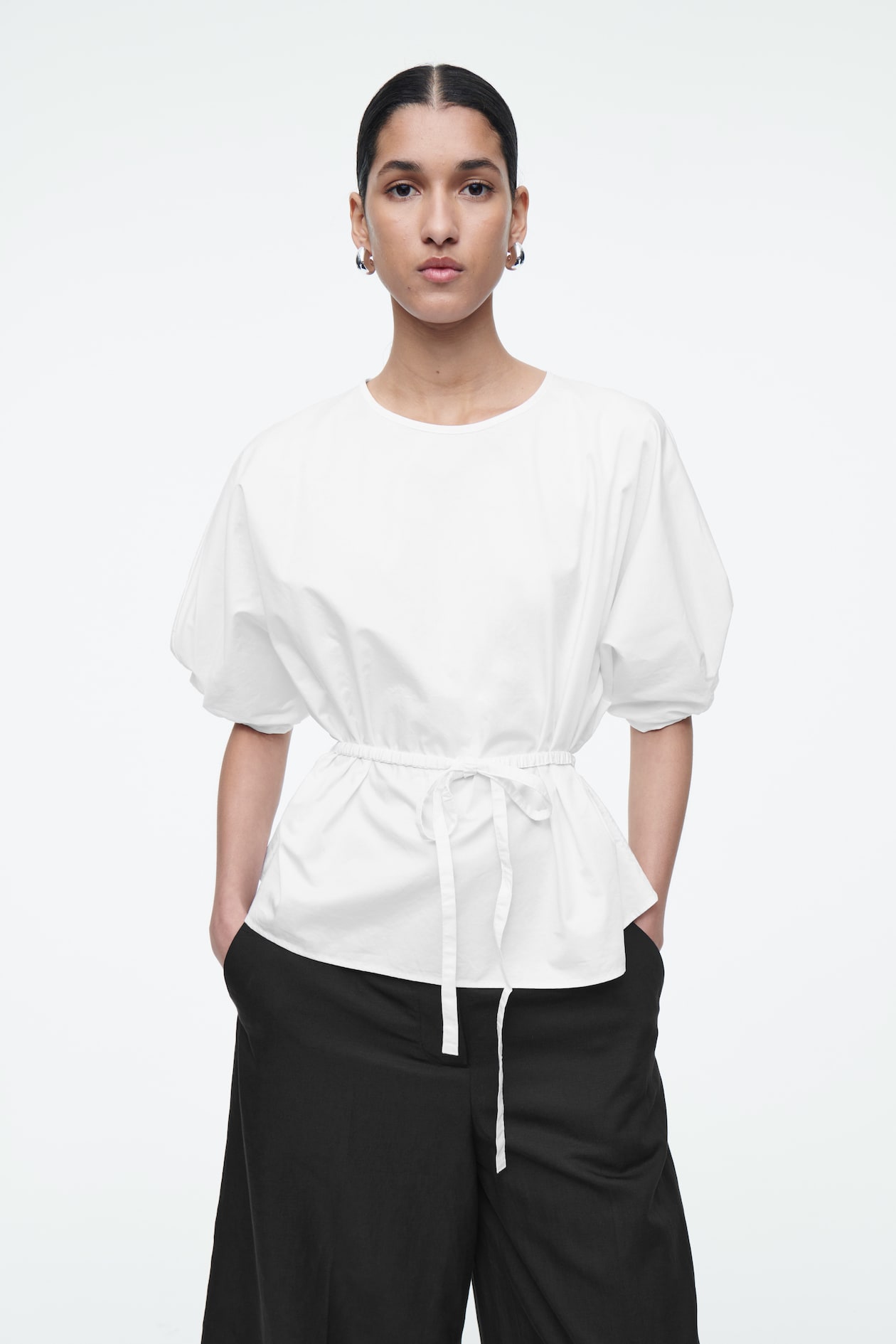 BELTED PUFF-SLEEVE BLOUSE - WHITE - Ladies | H&M GB