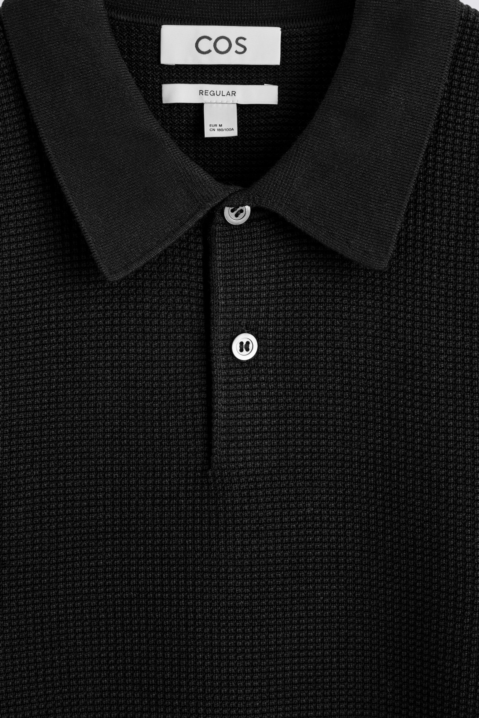 WAFFLE-KNIT COTTON POLO SHIRT - BLACK/DARK BEIGE - 3