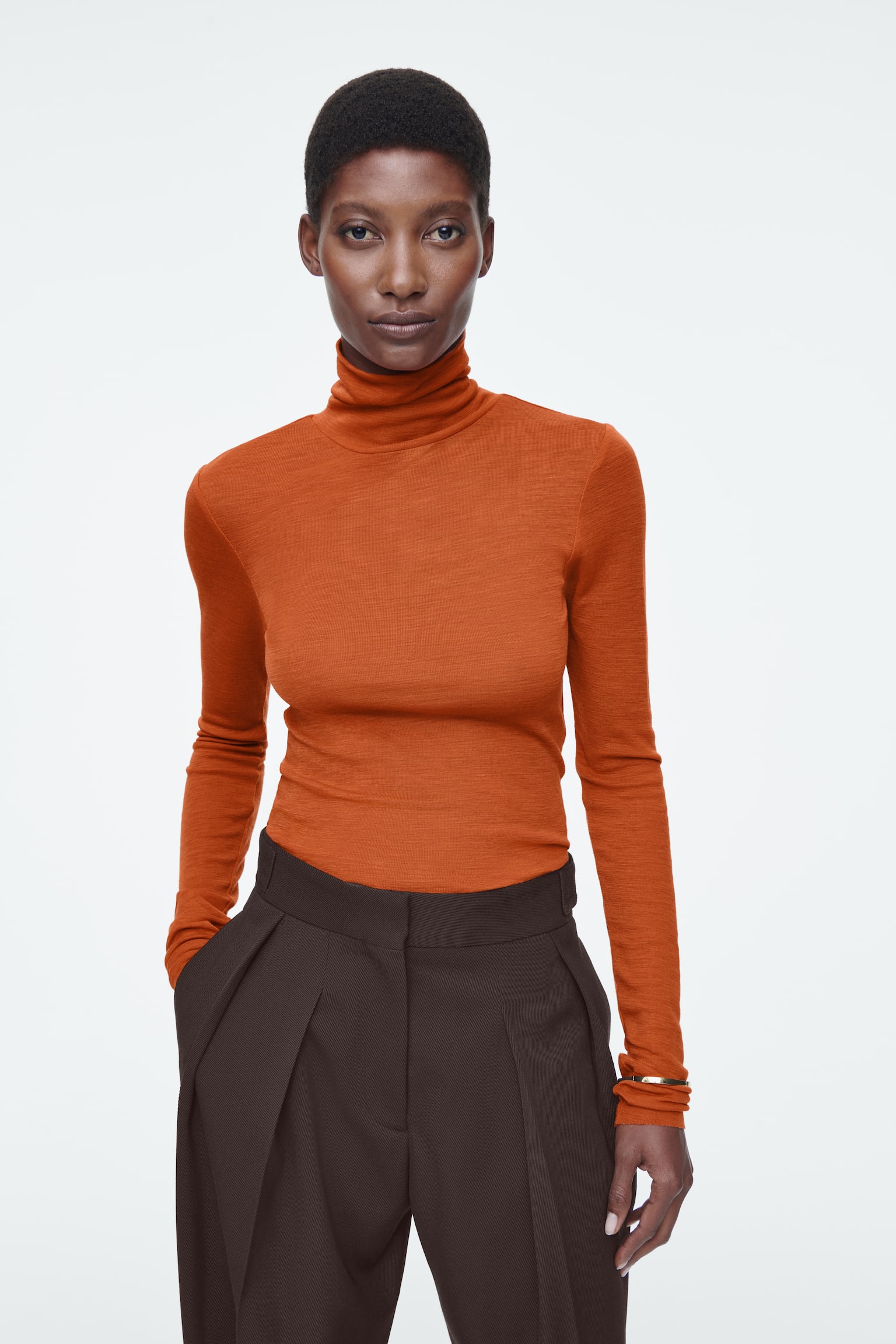 MERINO WOOL TURTLENECK TOP - ORANGE/WHITE/BRIGHT BLUE/BLACK/GREEN/RED/DARK BROWN/APRICOT/GREY / ARGYLE/NAVY/BLACK / WHITE / STRIPED/DARK GREEN