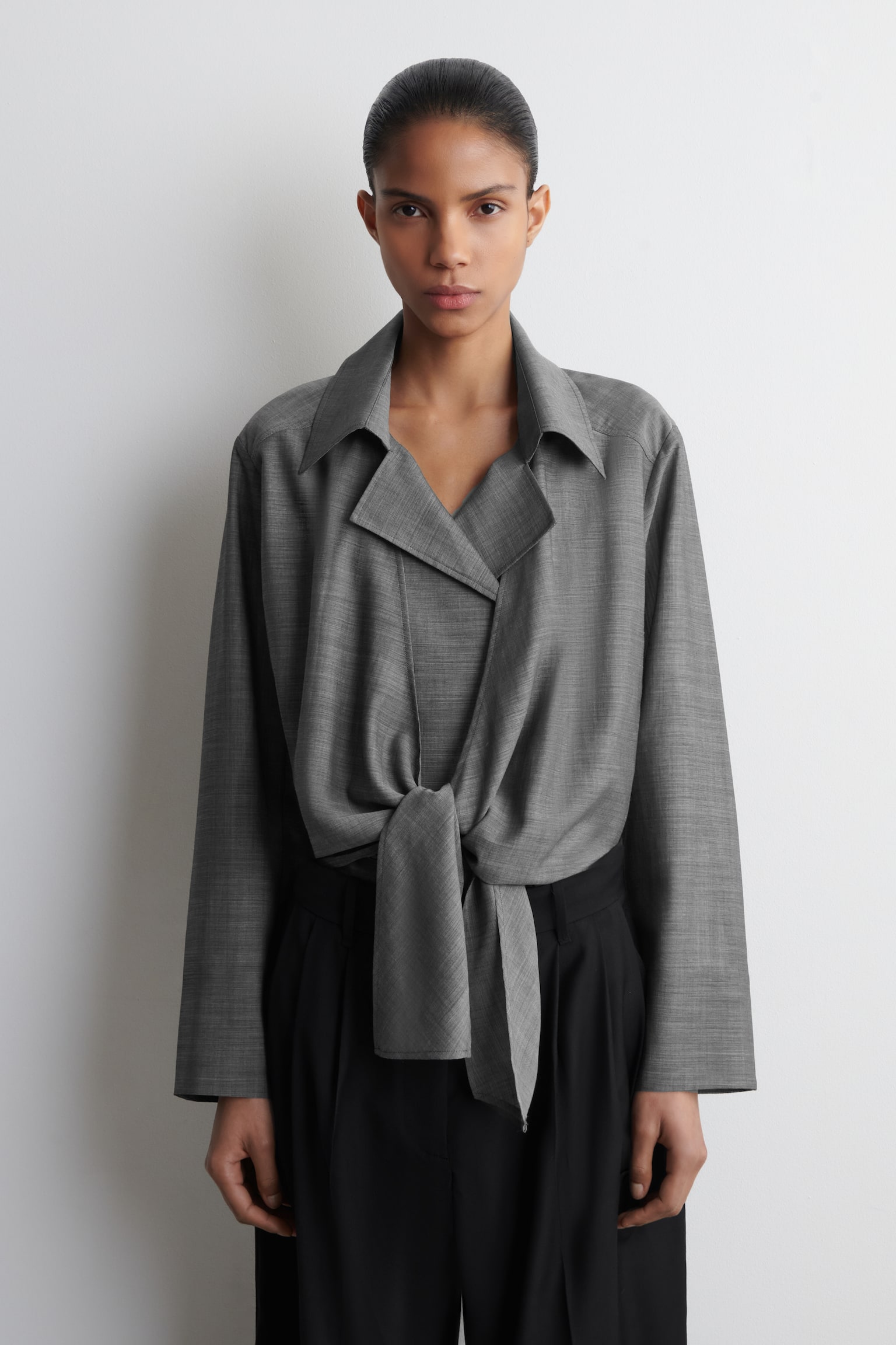 Hemd van wol-ramie met strikdetail aan de voorkant - GRIJS MELANGE - 1