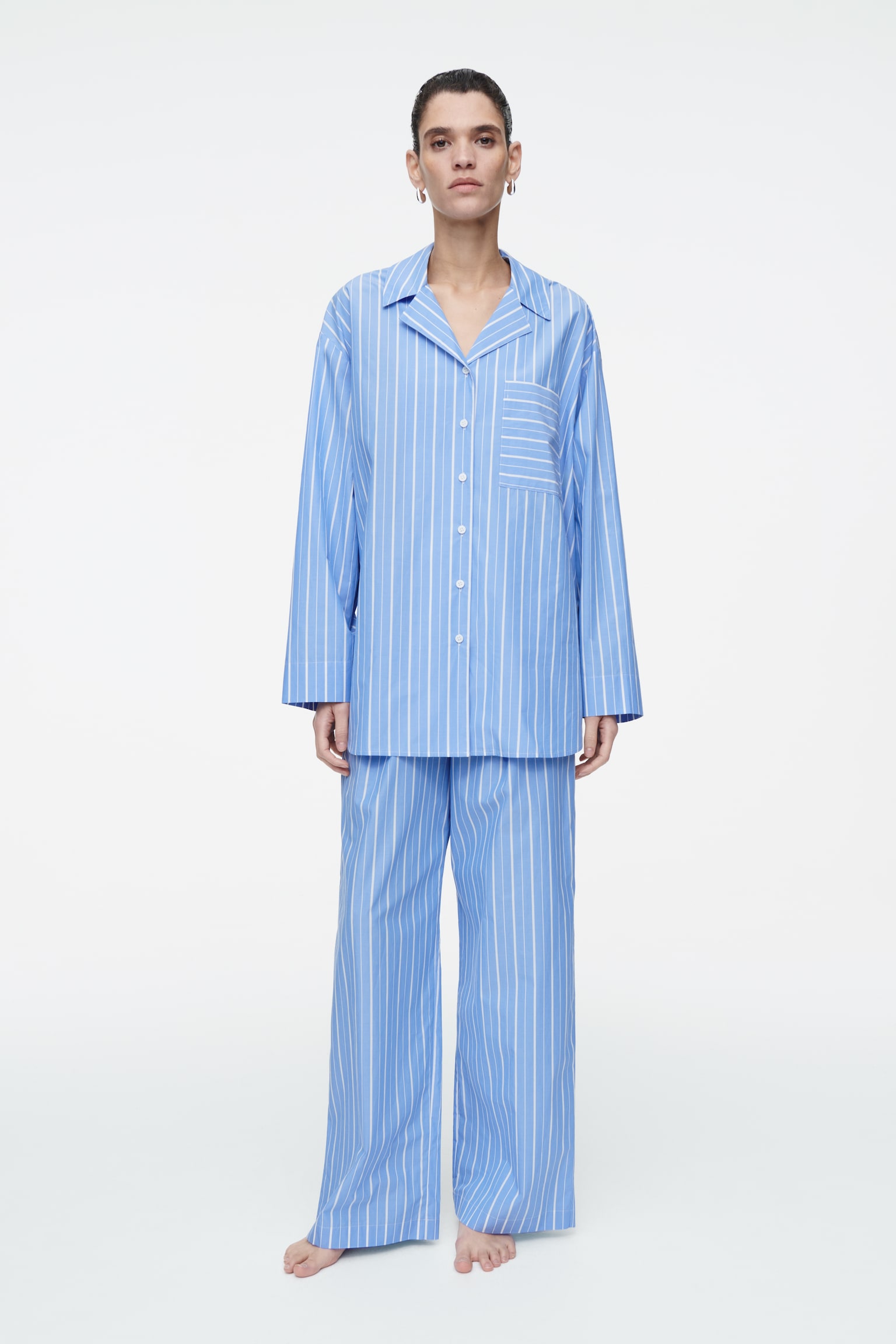 PINSTRIPED COTTON PYJAMA SHIRT - BLUE / PINSTRIPED - 5