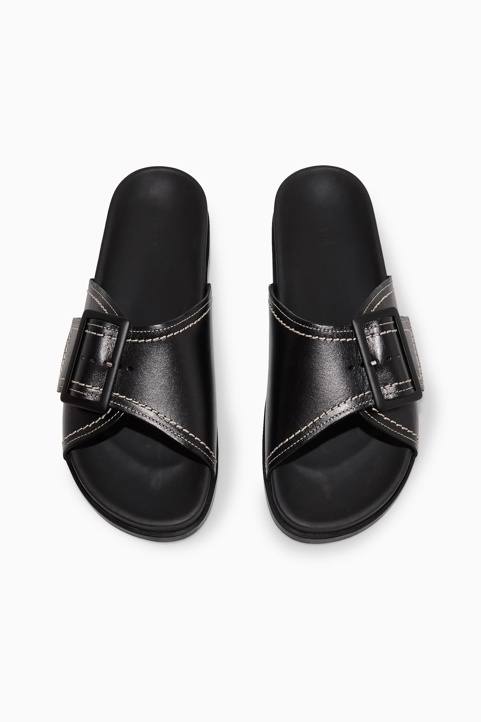 CONTRAST-STITCH BUCKLED LEATHER SLIDES - BLACK / WHITE/BROWN - 3