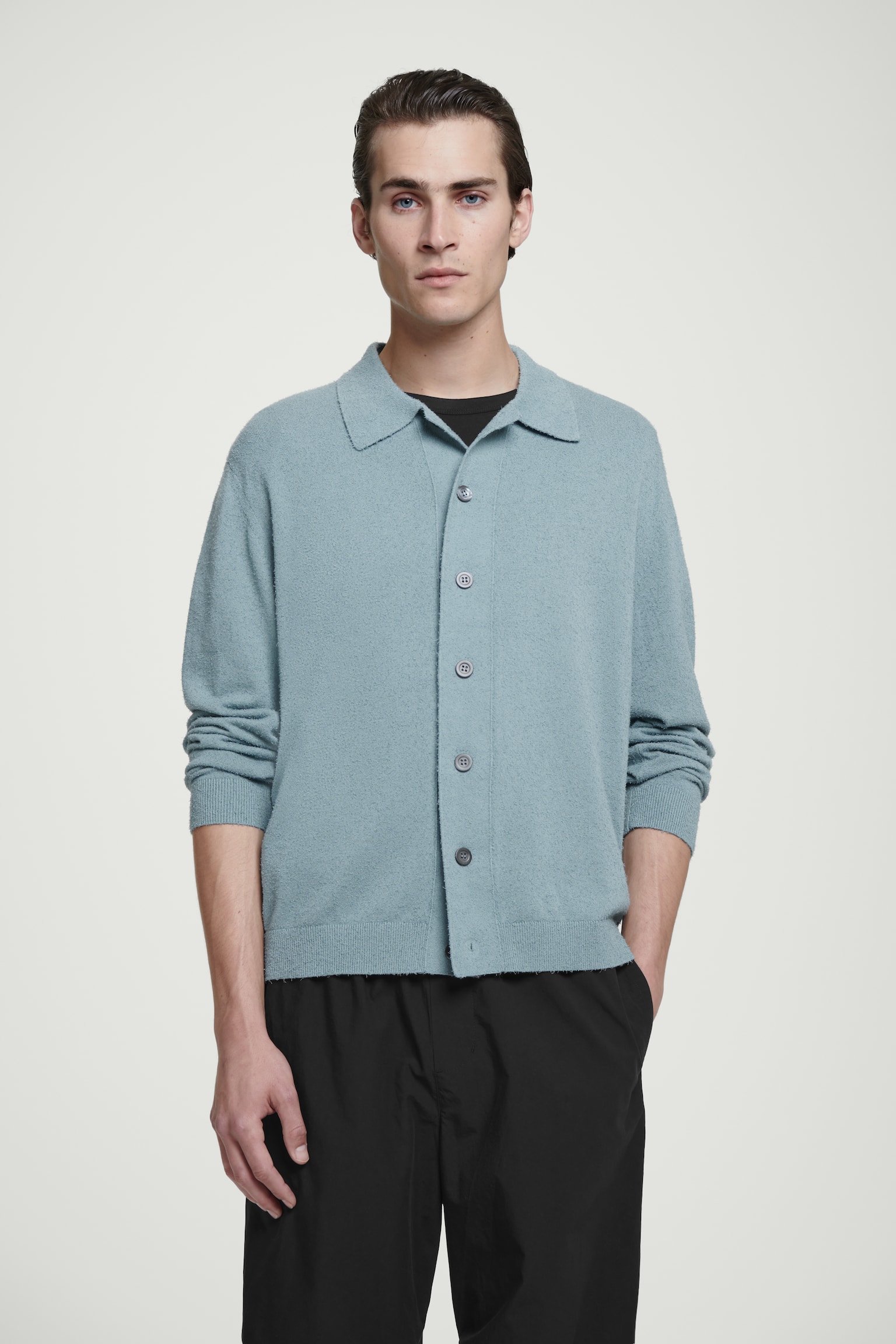 RELAXED TEXTURED-KNIT COTTON OVERSHIRT - TURQUOISE/NAVY/STONE - 1