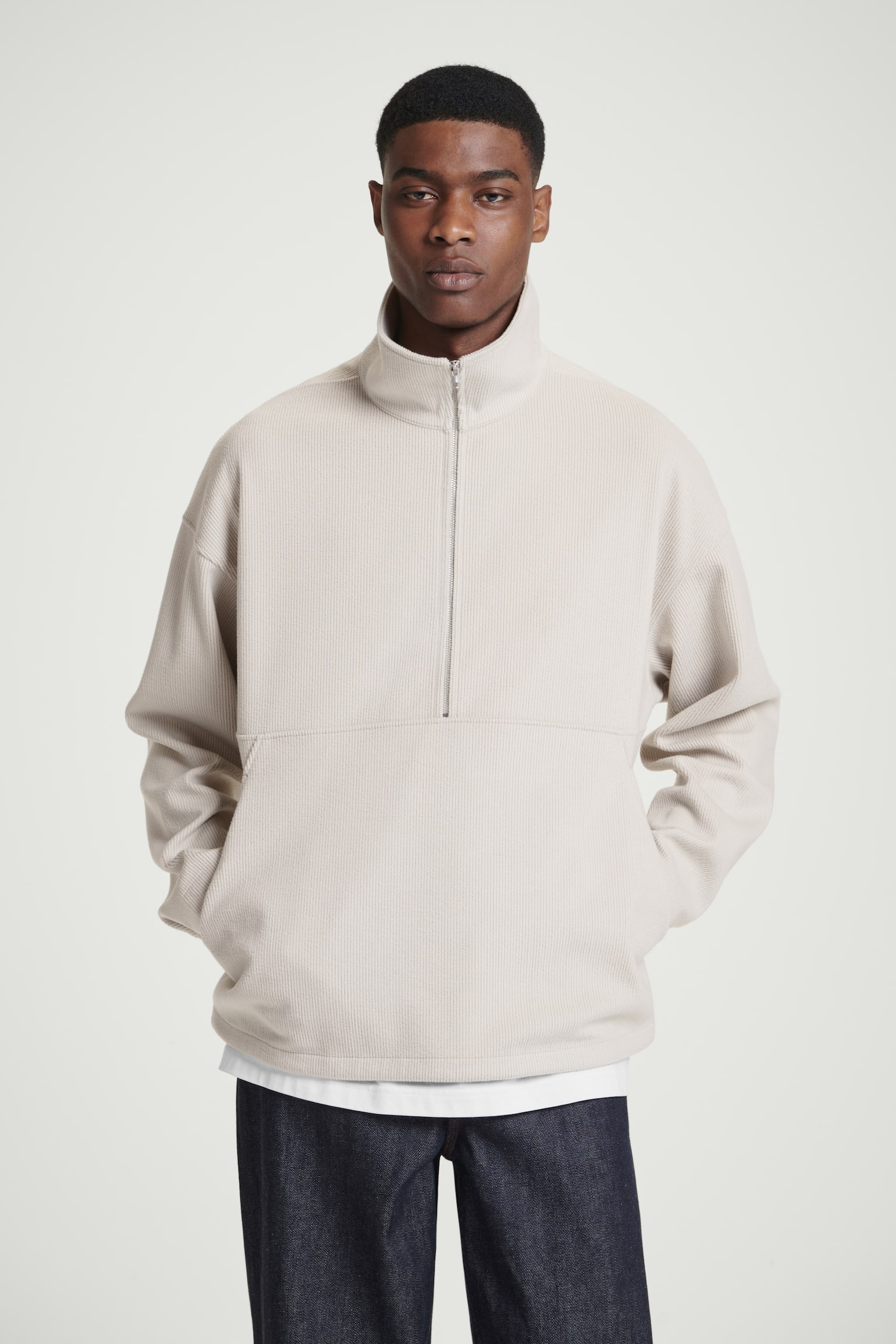 CORDUROY-JERSEY HALF-ZIP SWEATSHIRT - LIGHT MOLE - 1