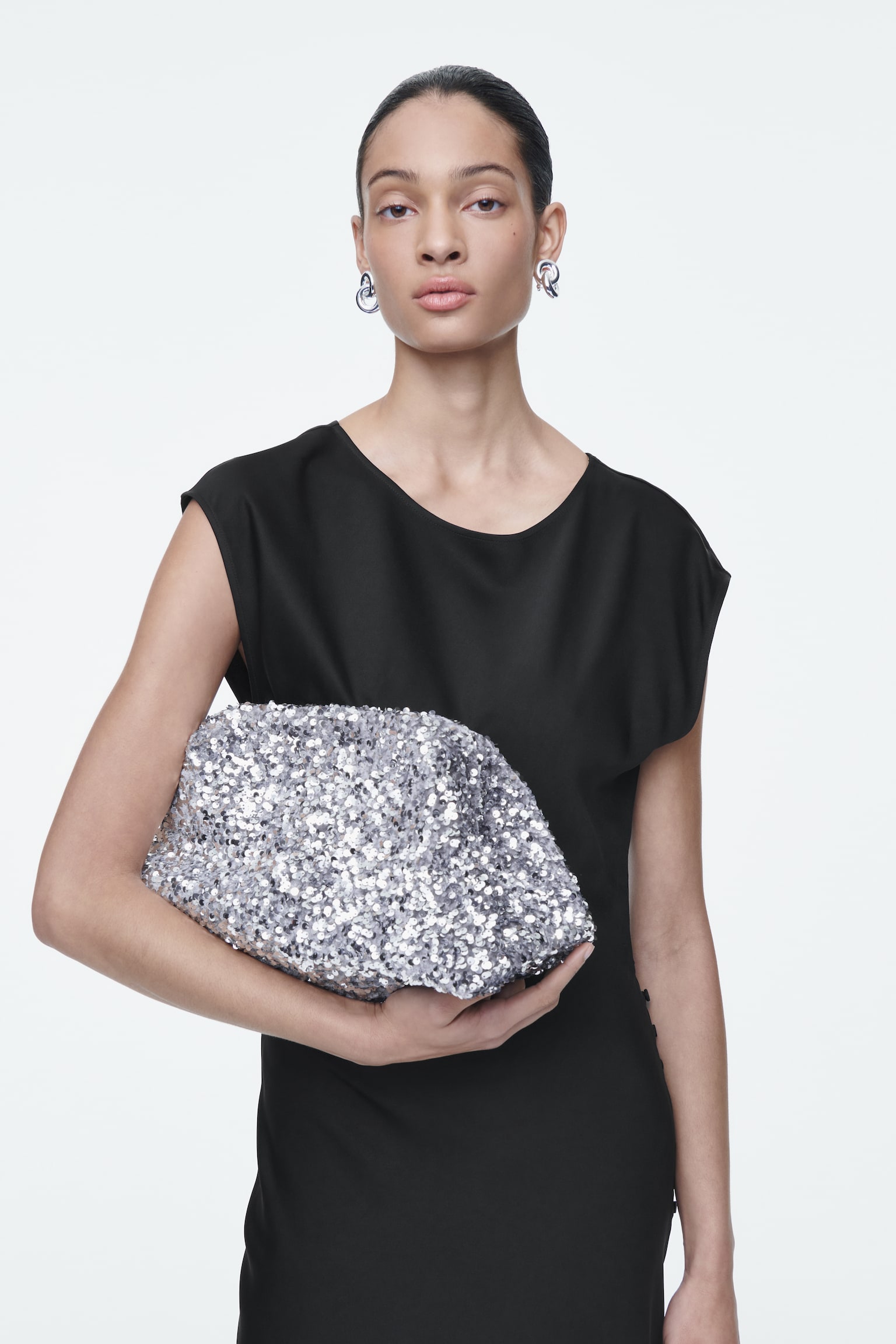 OVERSIZED SEQUINNED FRAMED CLUTCH - SILVER/CHOCOLATE - 1