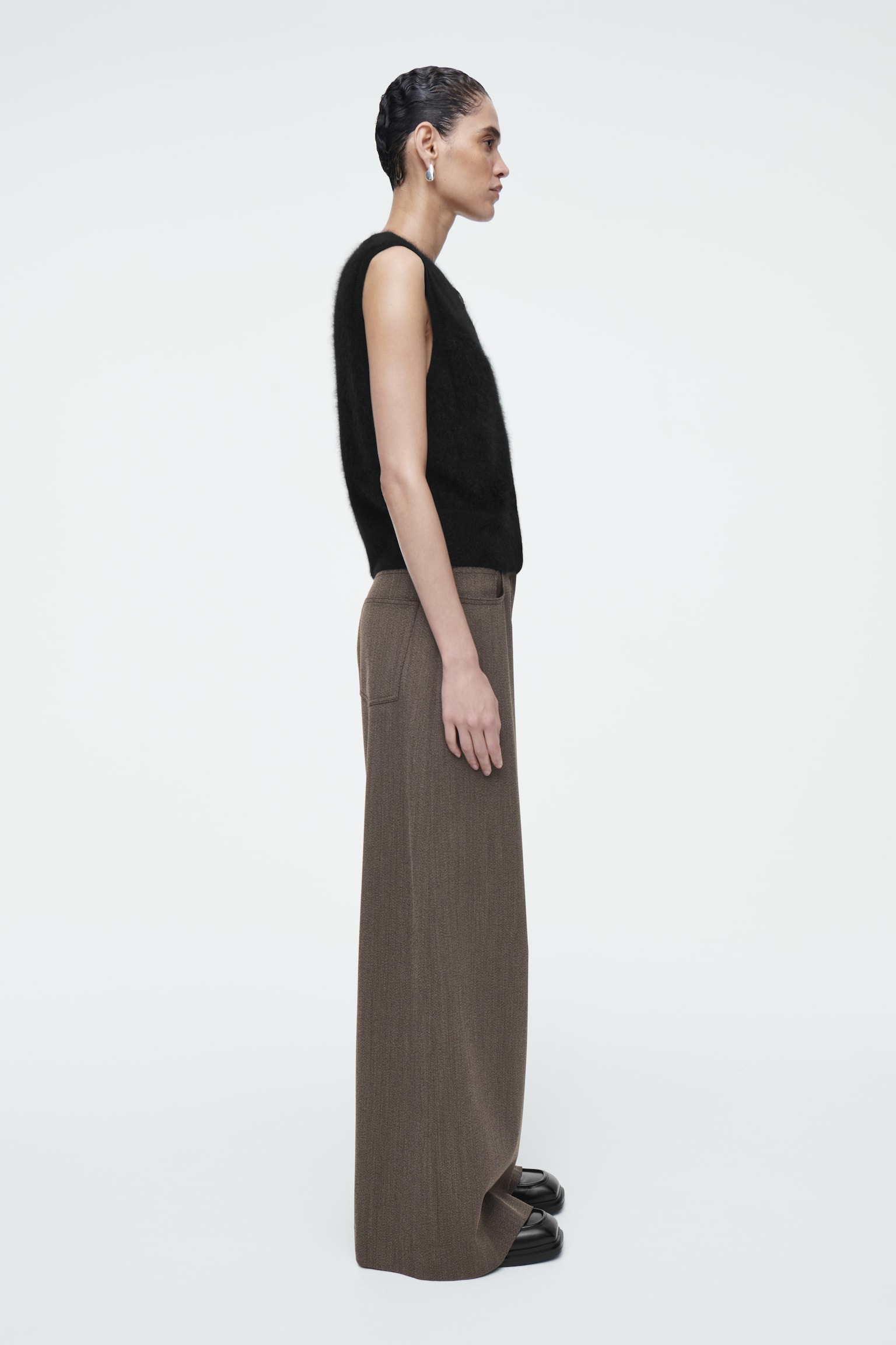 REGULAR WOOL-BLEND WIDE-LEG TROUSERS - BROWN - 4