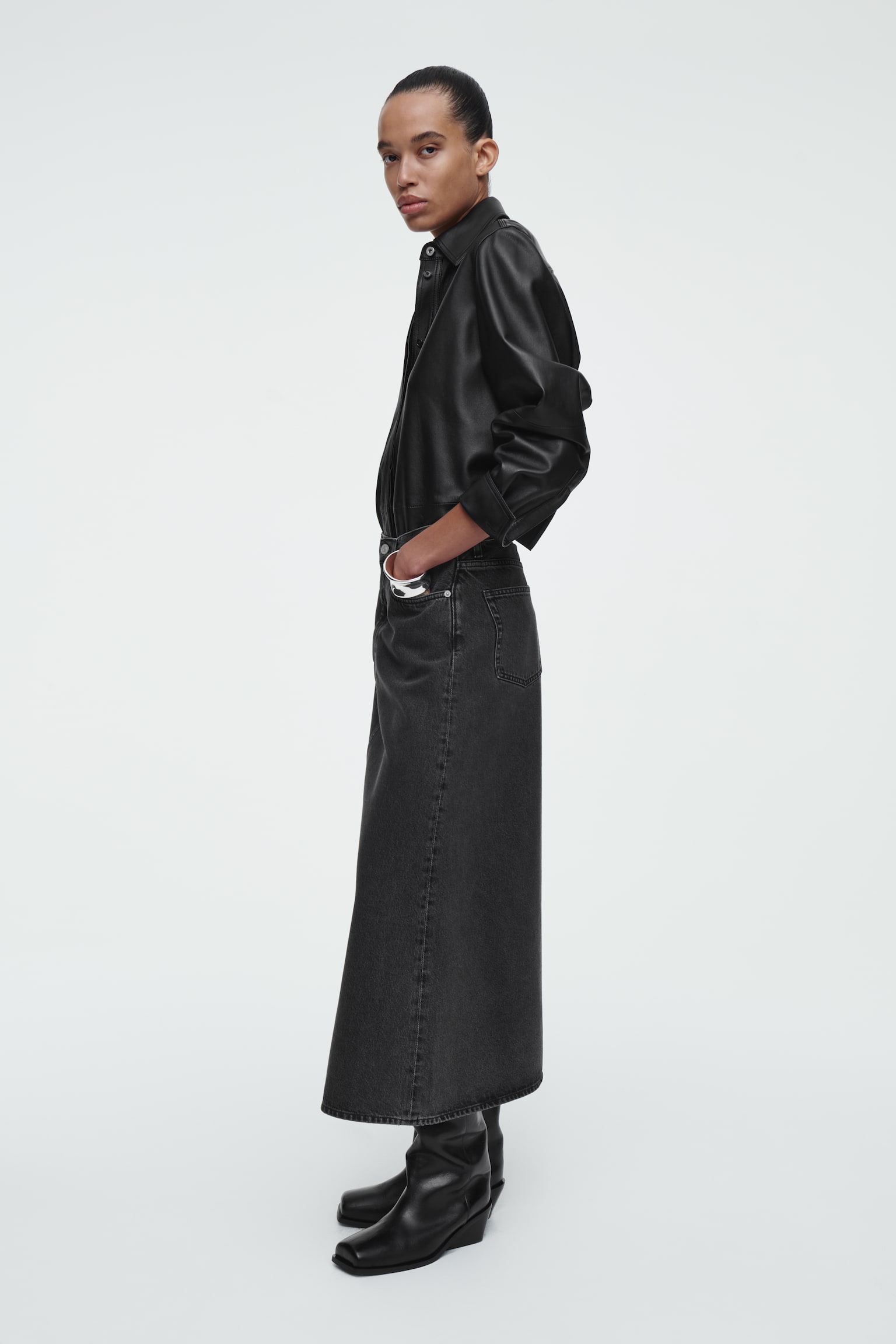 A-LINE DENIM MIDI SKIRT - BLACK/BLUE - 3