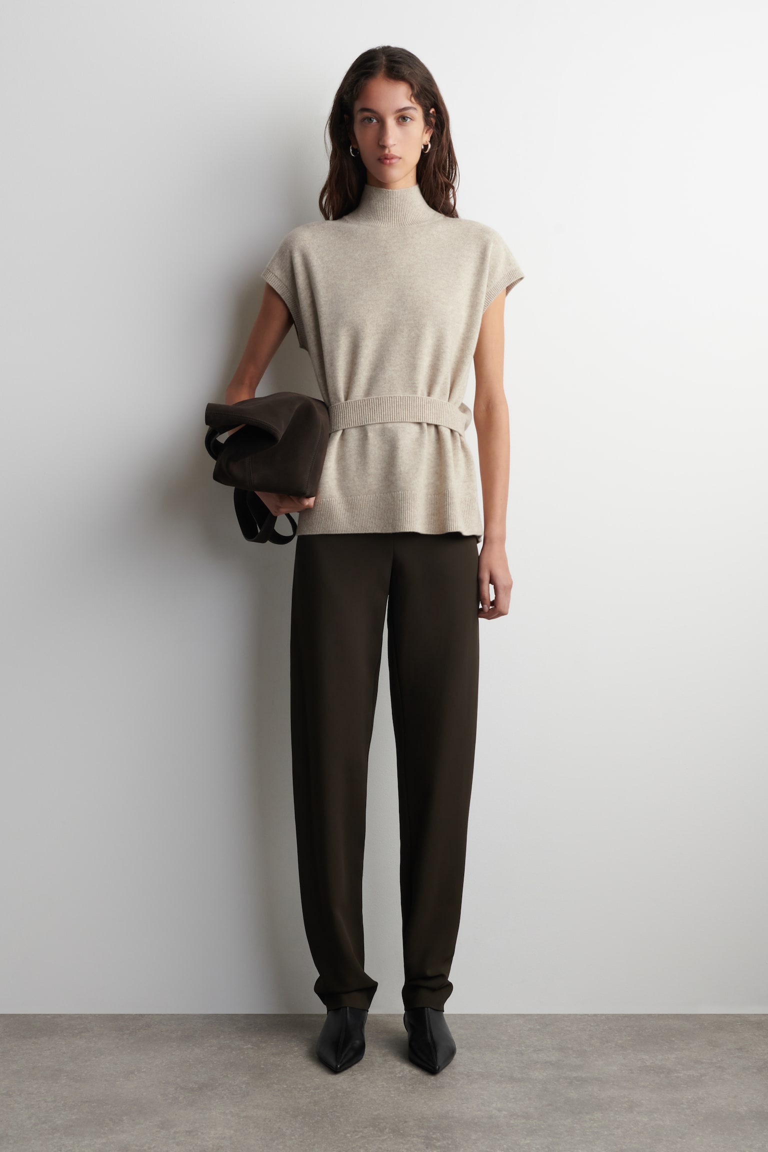 GILET IN LANA CON COLLO A IMBUTO E CINTURA - BEIGE MÉLANGE/NERO - 3