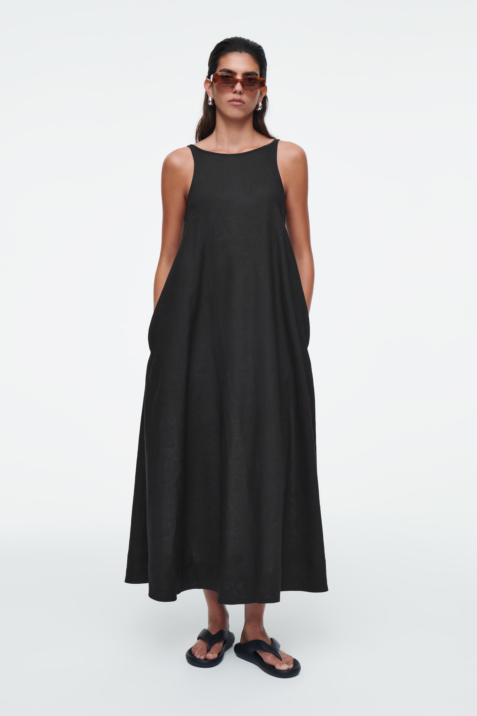 A-LINE LINEN MAXI DRESS - BLACK/WHITE - 1