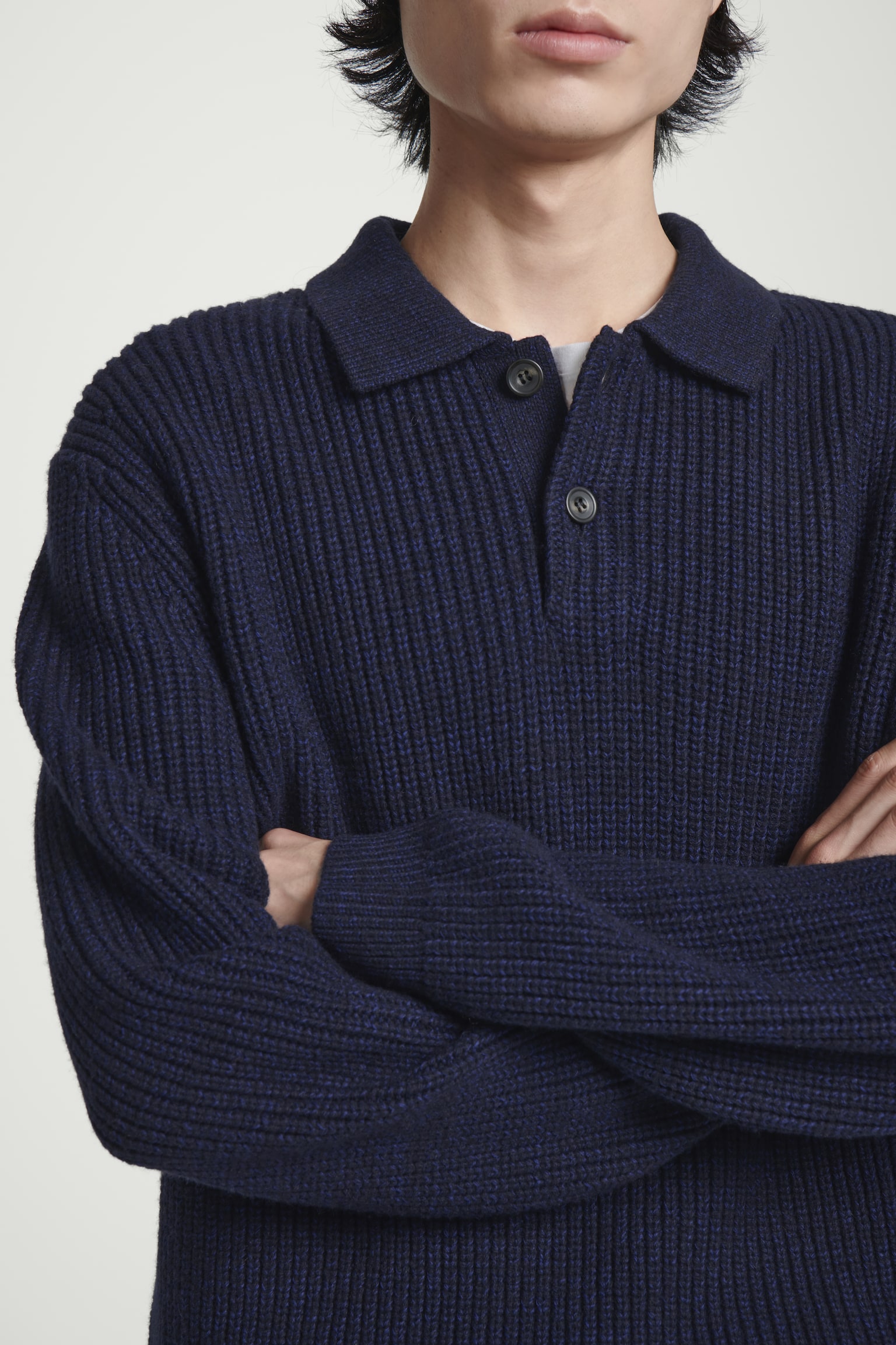 TWISTED-YARN WOOL POLO JUMPER - NAVY MÉLANGE/GREY MÉLANGE - 7