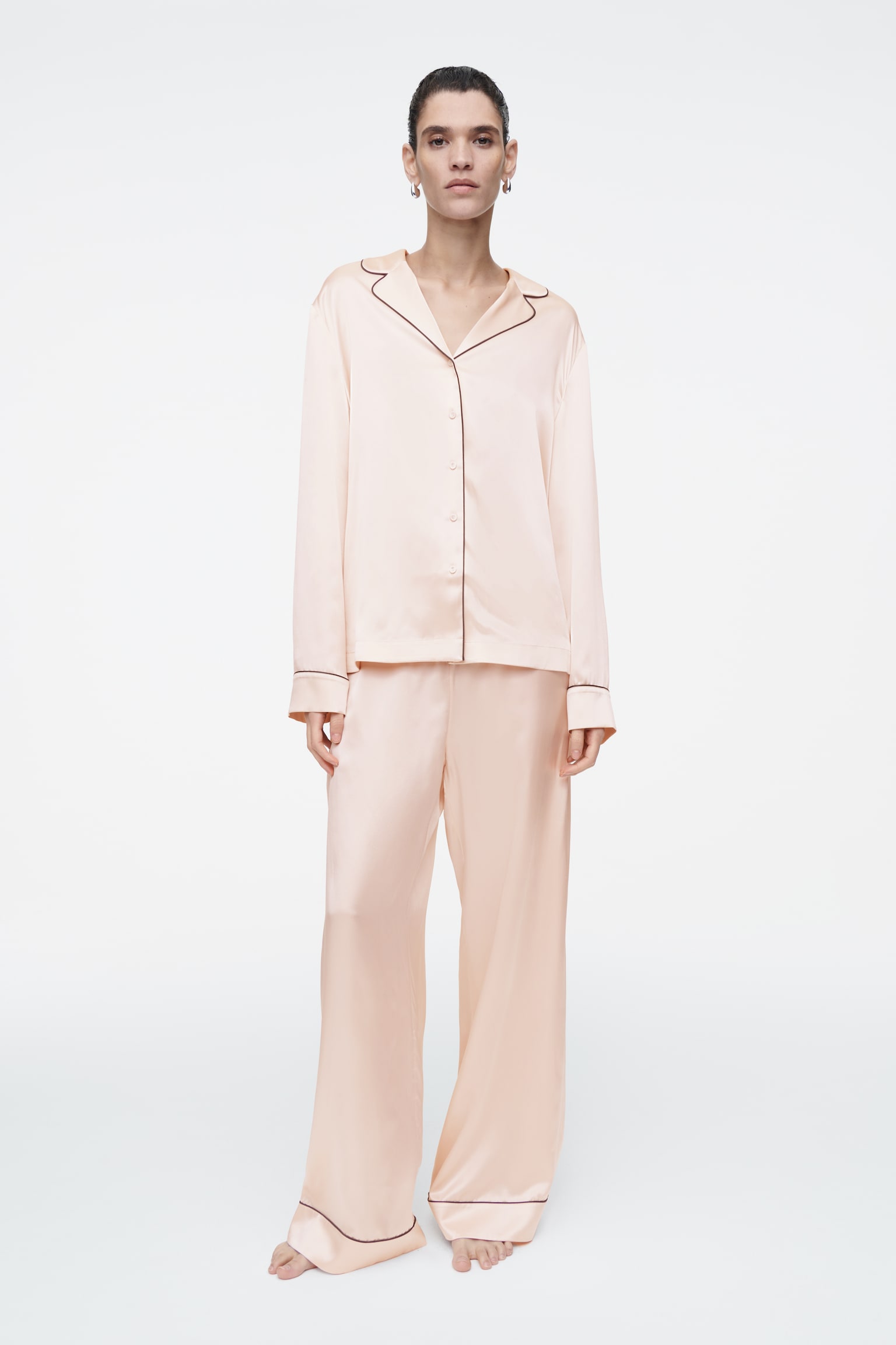 PIPED SILK PYJAMA SHIRT - APRICOT - 6