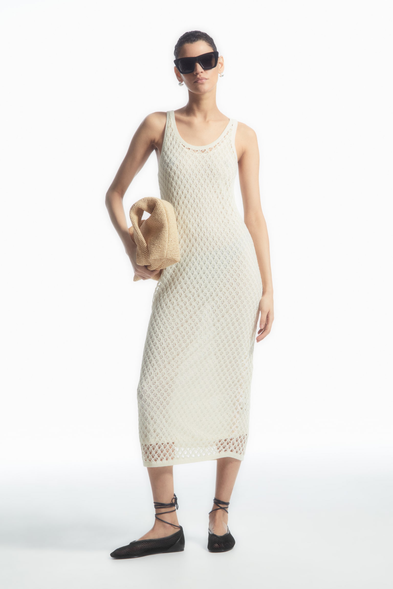 SLEEVELESS OPEN-KNIT MIDI DRESS - CREAM - 1