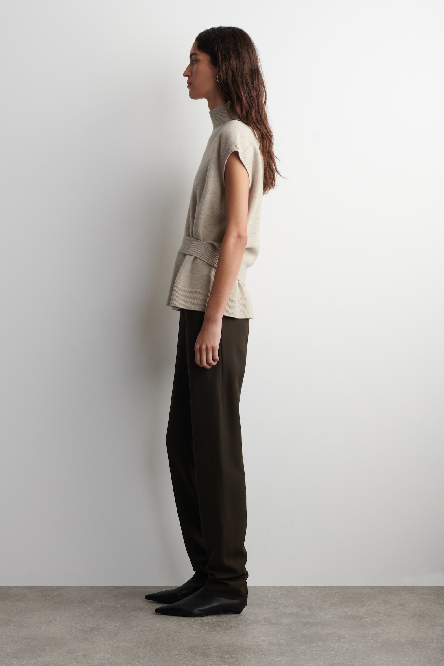 GILET IN LANA CON COLLO A IMBUTO E CINTURA - BEIGE MÉLANGE/NERO - 6