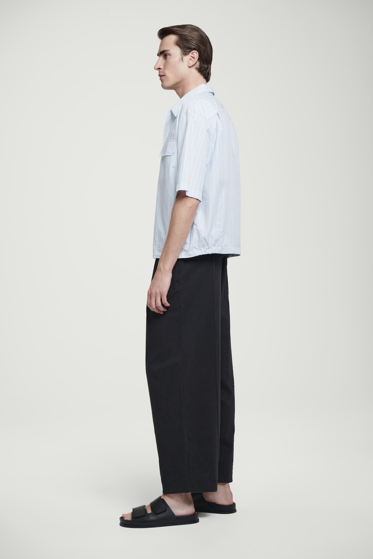 PLEATED WIDE-LEG CHAMBRAY TROUSERS - BLACK/NAVY - 4