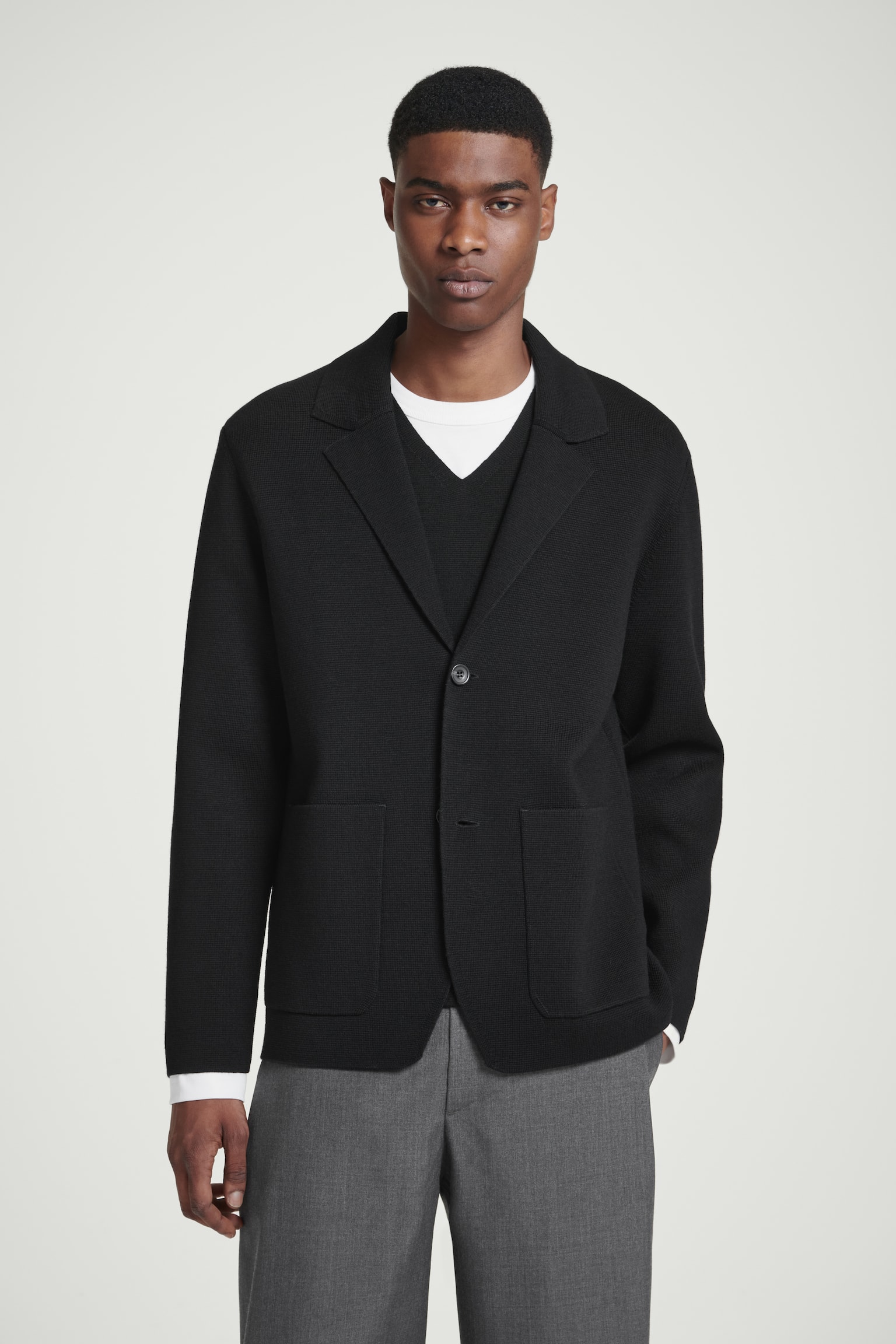 REGULAR KNITTED MERINO-WOOL BLAZER - BLACK - 1