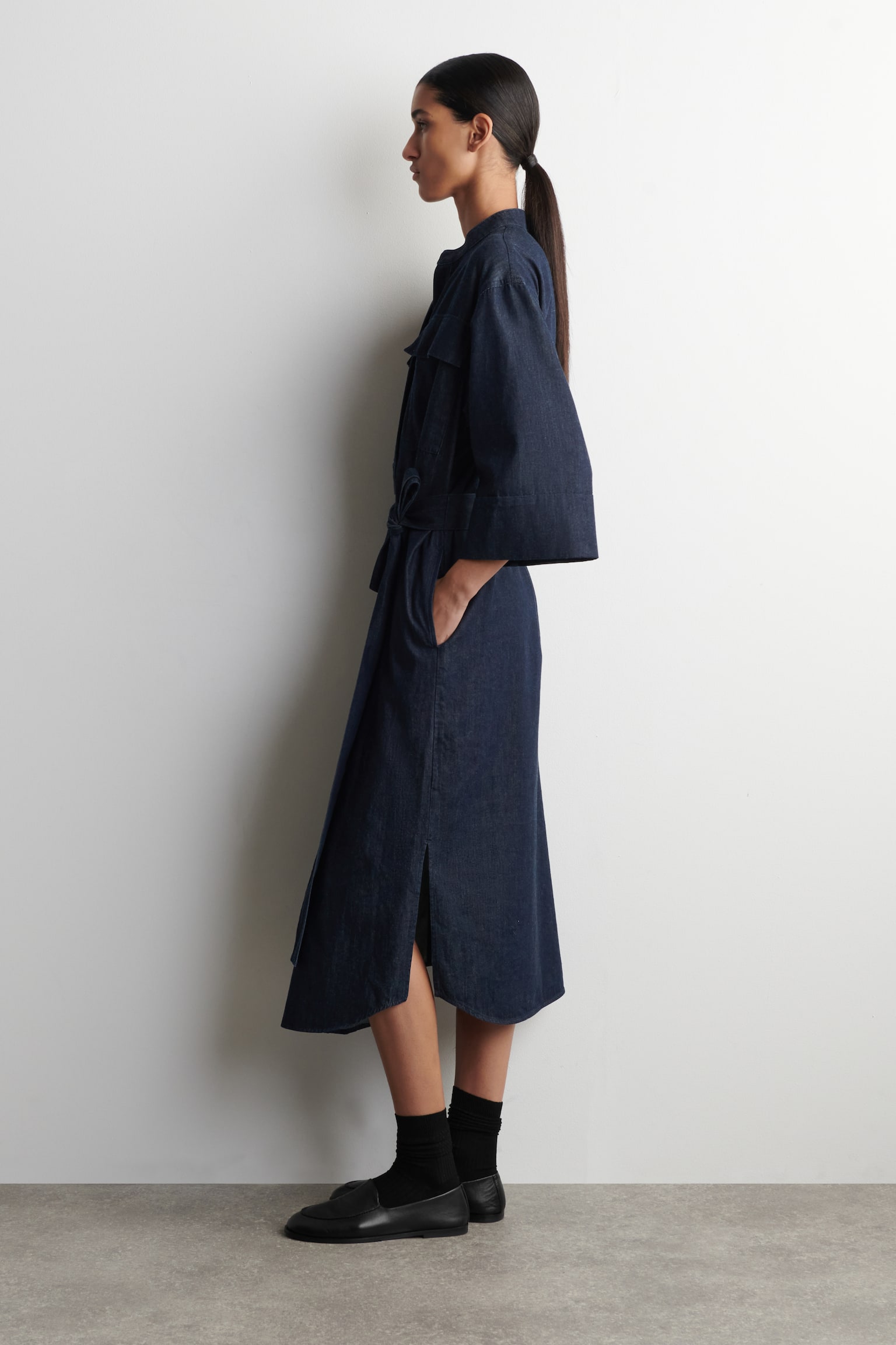 Denim functionele midi-overhemdjurk - donkerblauw - 5