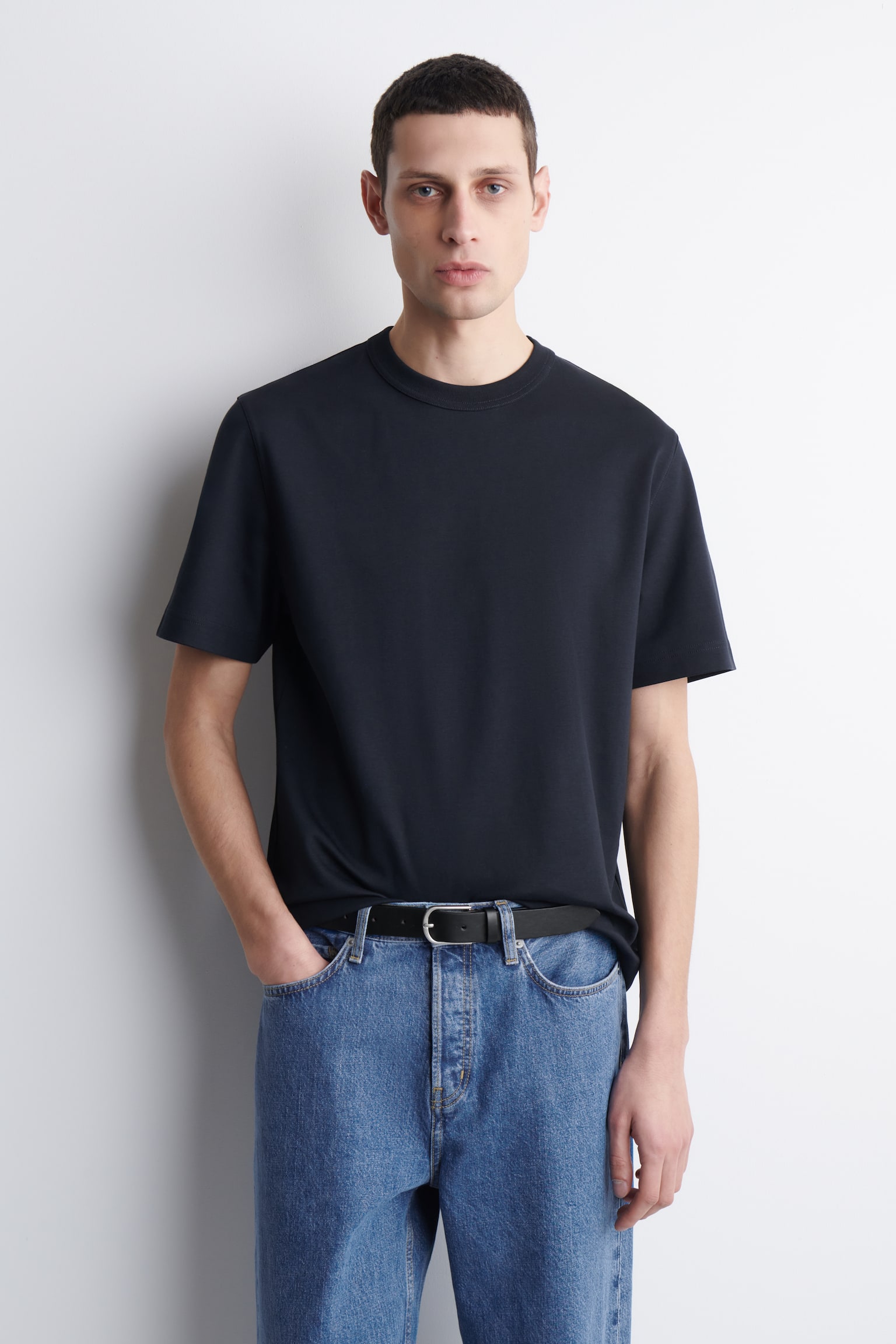 T-SHIRT À COL ROND EN COTON INTERLOCK - BLEU MARINE/GRIS CLAIR/BLEU MARINE / BLANC / RAYURES/NOIR/BLANC - 1