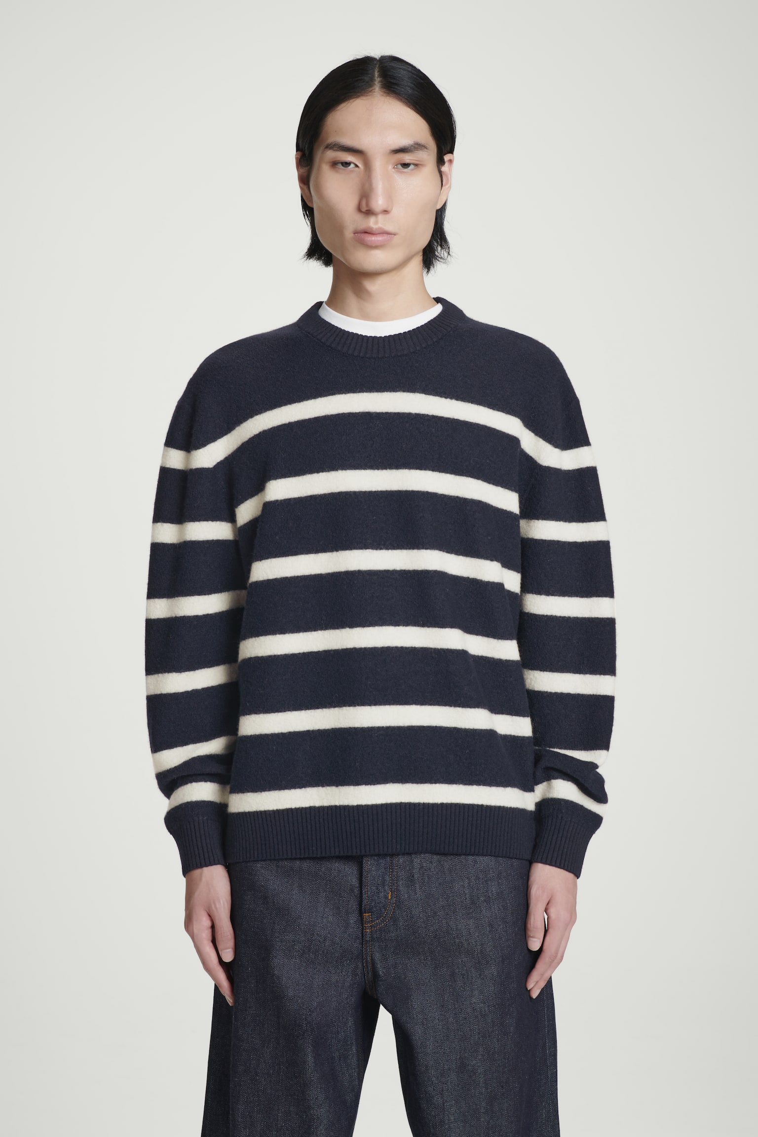 BOILED-WOOL CREW-NECK JUMPER - NAVY / STRIPED/BLACK/COBALT BLUE - 1