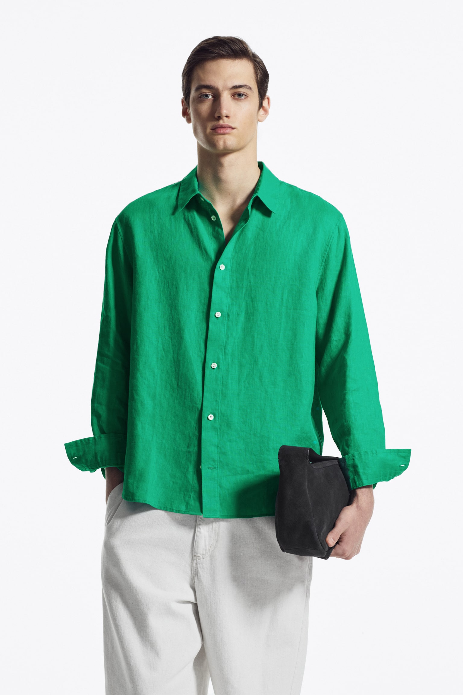 RELAXED LINEN LONG-SLEEVED SHIRT - GREEN/SAGE GREEN/NAVY/WHITE - 1