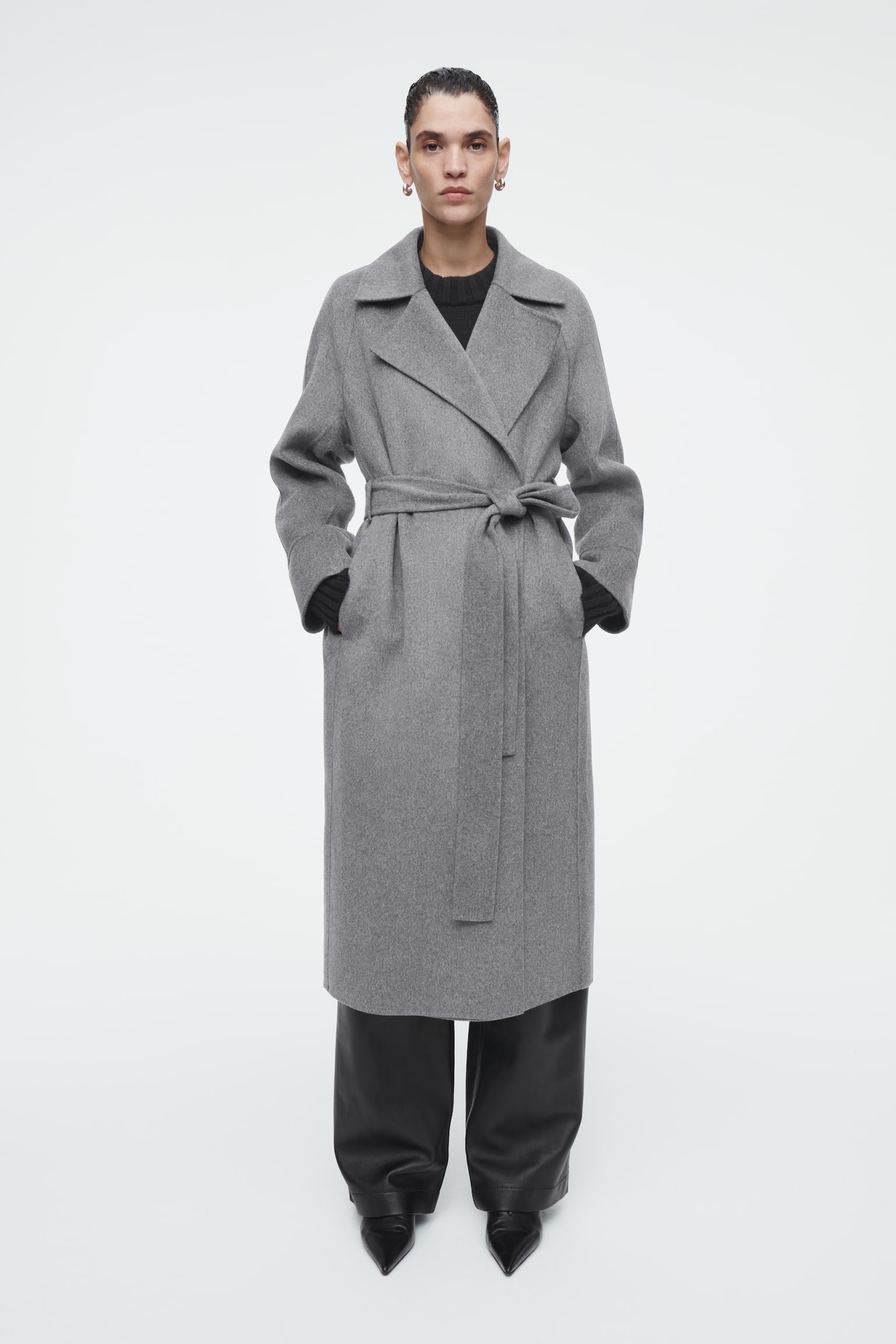 BELTED DOUBLE-FACED WOOL COAT - GREY/BLACK/BROWN/BLACK