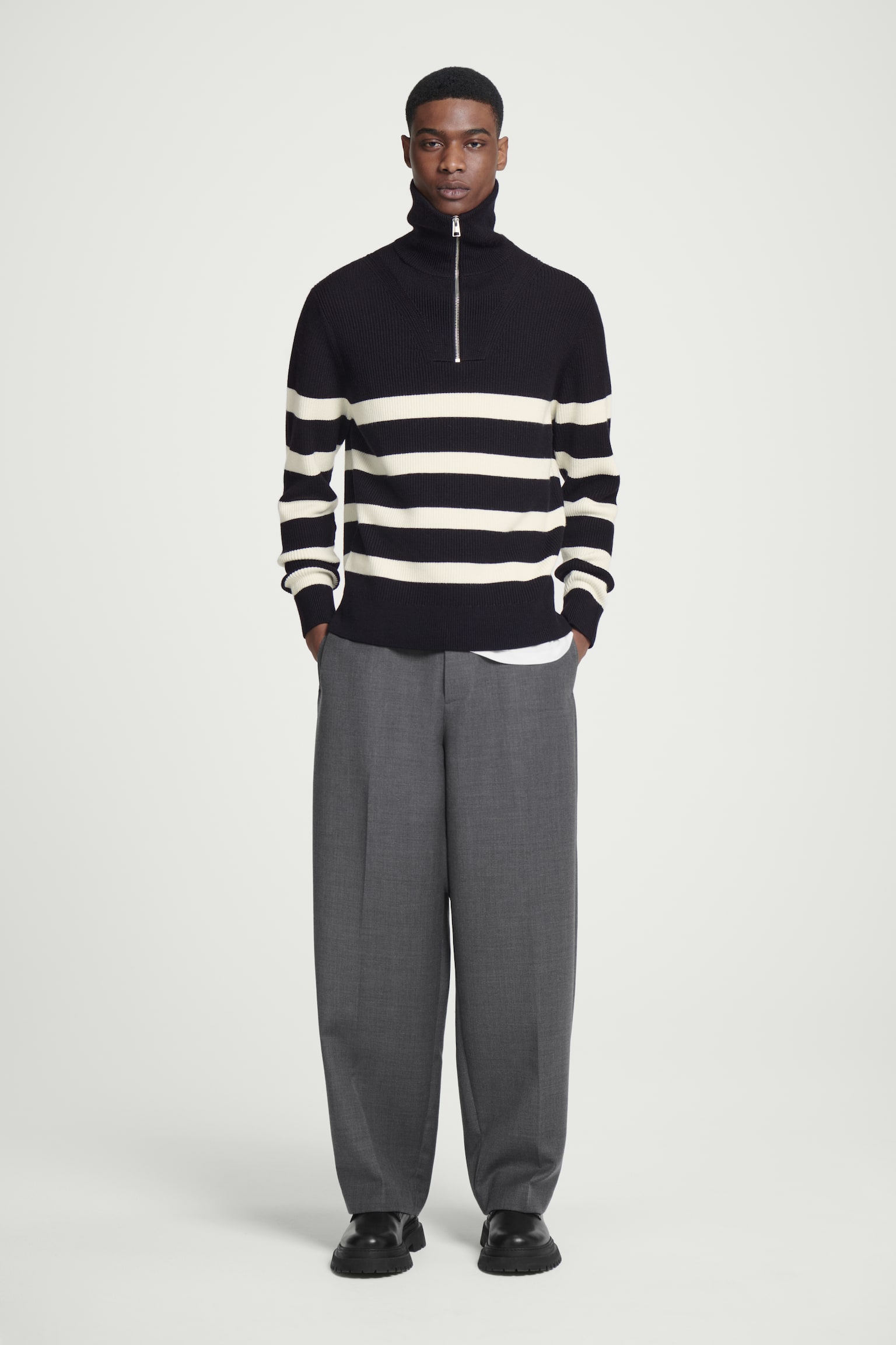 MERINO WOOL HALF-ZIP JUMPER - BLACK / CREAM / STRIPED/BEIGE/DARK GREY - 4