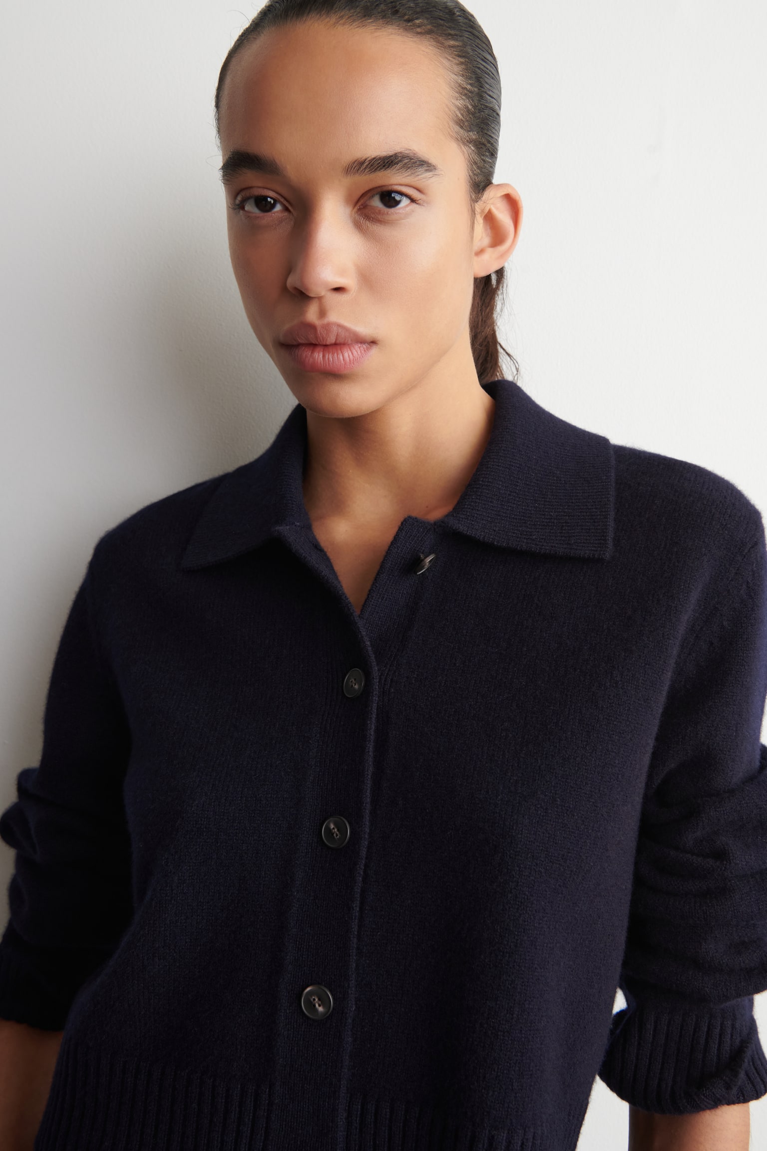 CARDIGAN IN LANA MERINO CON COLLETTO - BLU NAVY/GRIGIO MÉLANGE - 5