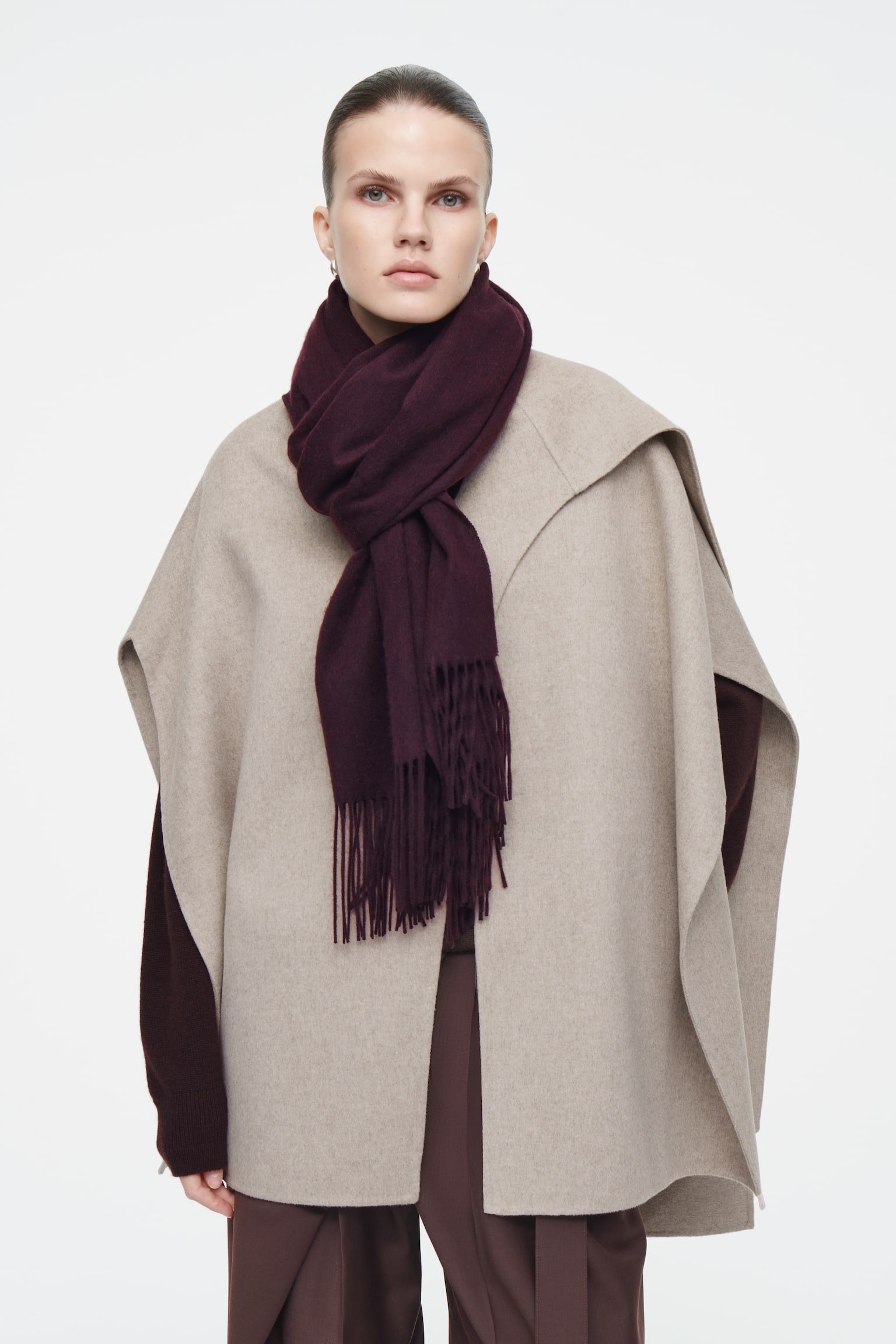 FRINGED WOOL SCARF - BORDEAUX/GREY - 5