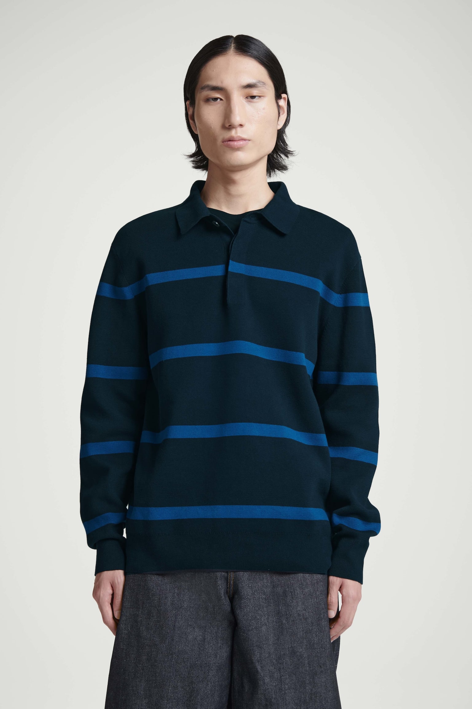 STRIPED KNITTED POLO SHIRT - NAVY / STRIPED