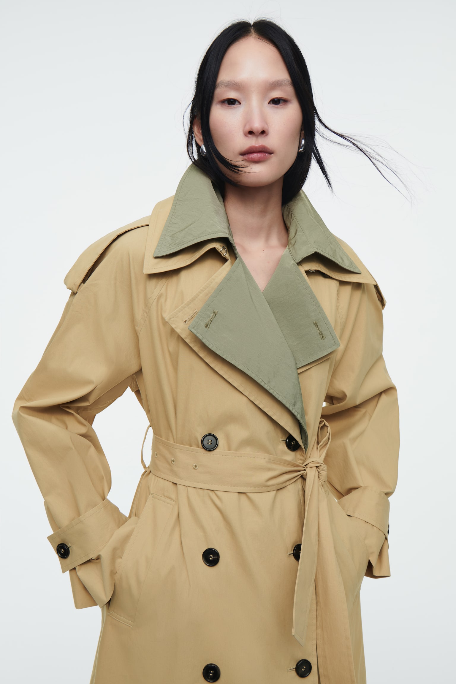 LAYERED DOUBLE-BREASTED TRENCH COAT - BEIGE / KHAKI - 8