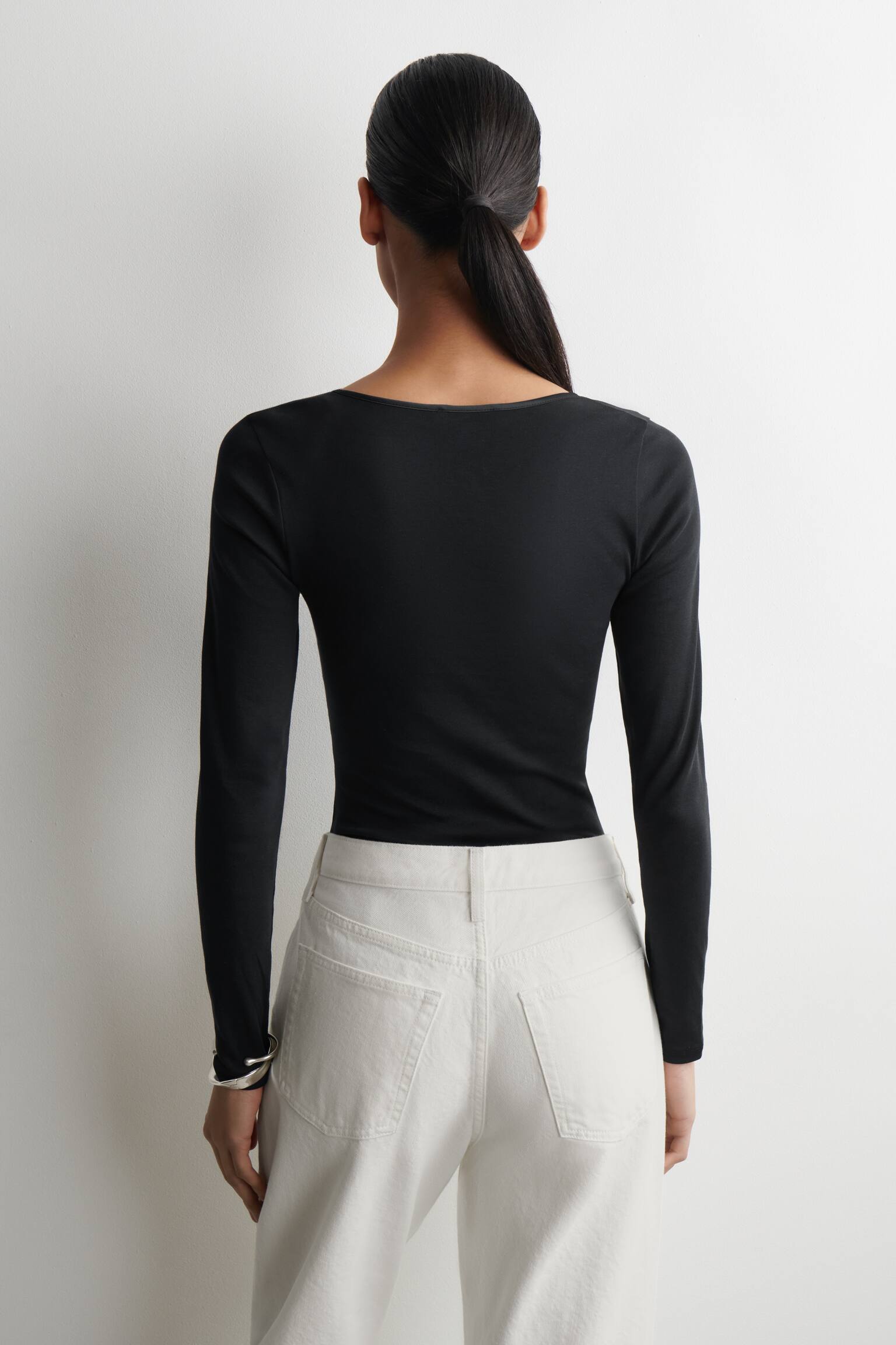 TOP A MANICHE LUNGHE IN JERSEY DI COTONE E RASO - NERO/ROSA - 8