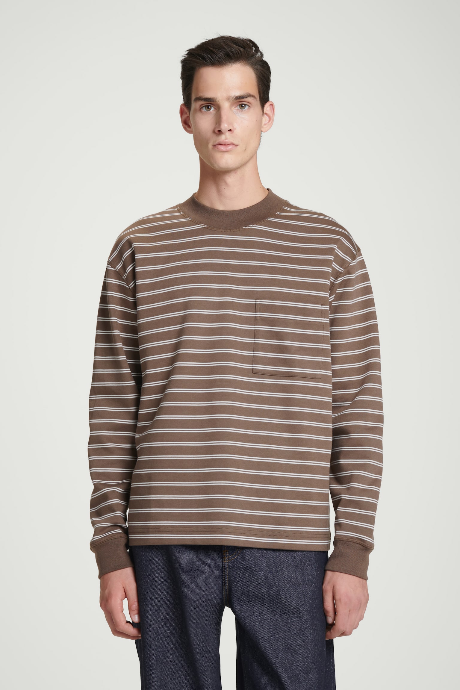 RELAXED MOCK-NECK COTTON LONG-SLEEVED T-SHIRT - BROWN / OFF-WHITE - 1