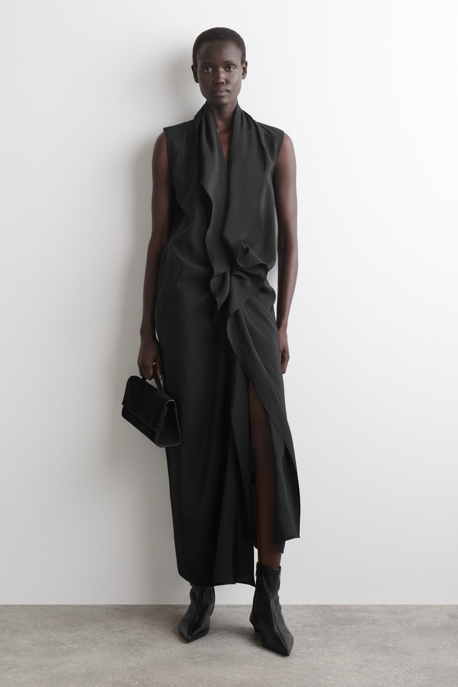 RUFFLED DRAPED MIDI DRESS - SORT - 1