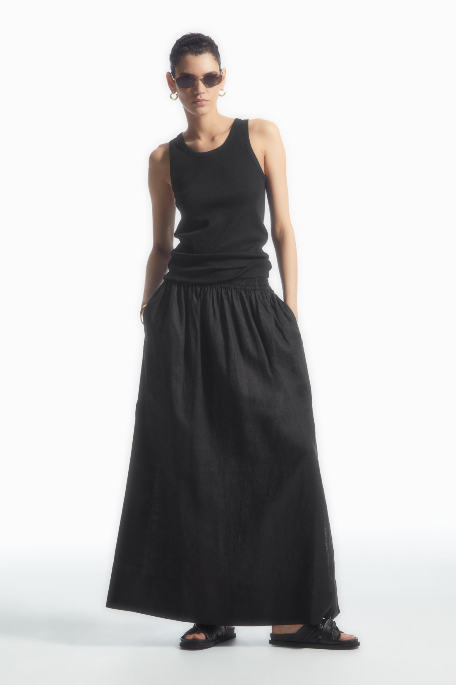 LINEN A-LINE MAXI SKIRT - BLACK - 1