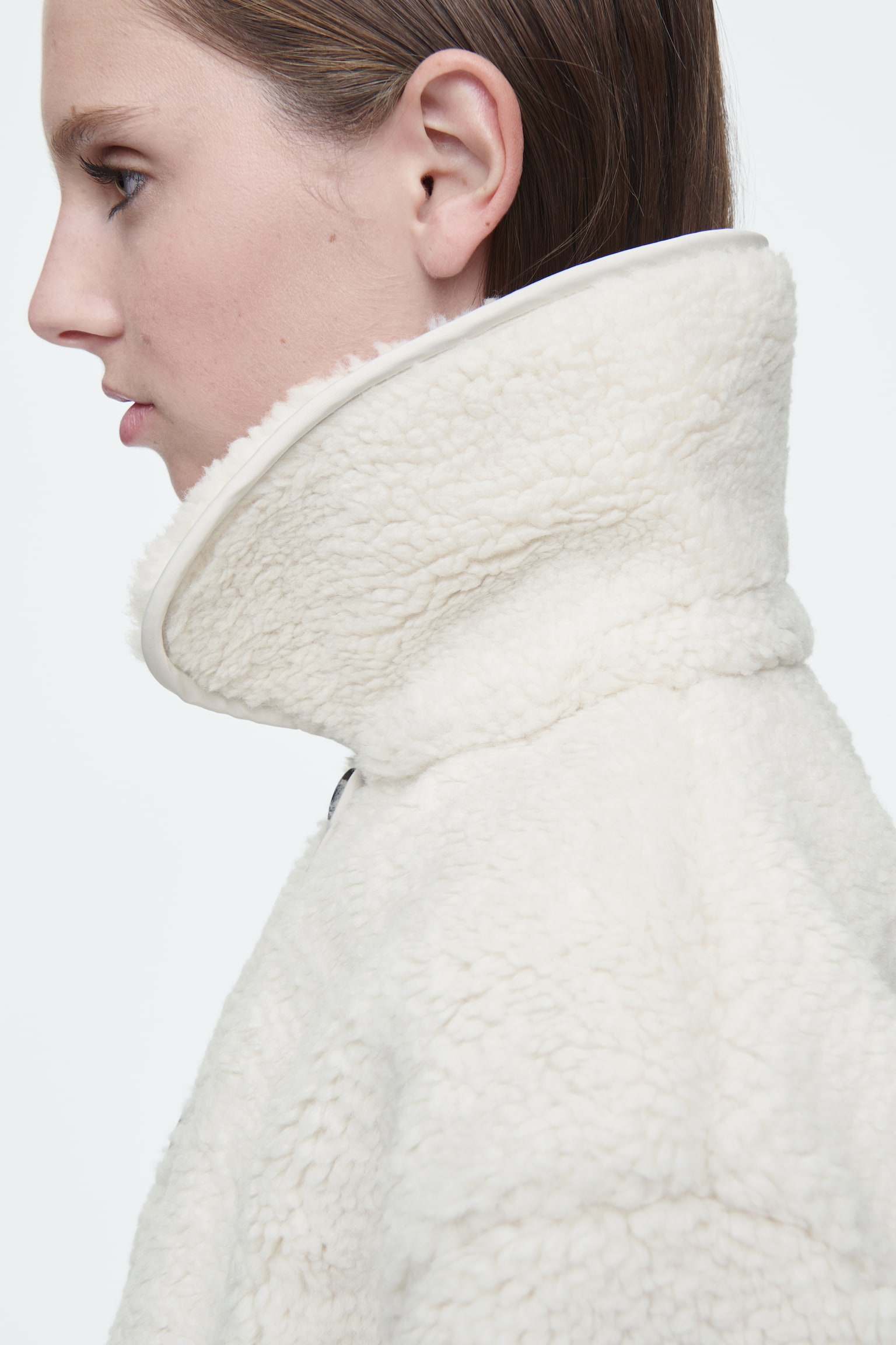 COLLARED FAUX SHEARLING JACKET - IVORY/DARK BROWN - 5