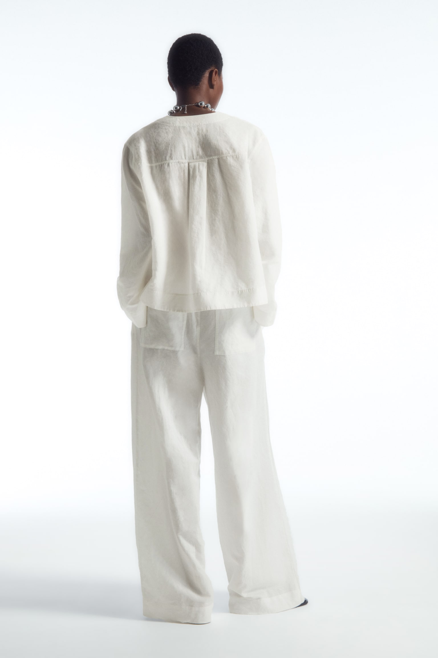 WIDE-LEG LINEN DRAWSTRING TROUSERS - WHITE/WASHED KHAKI - 5