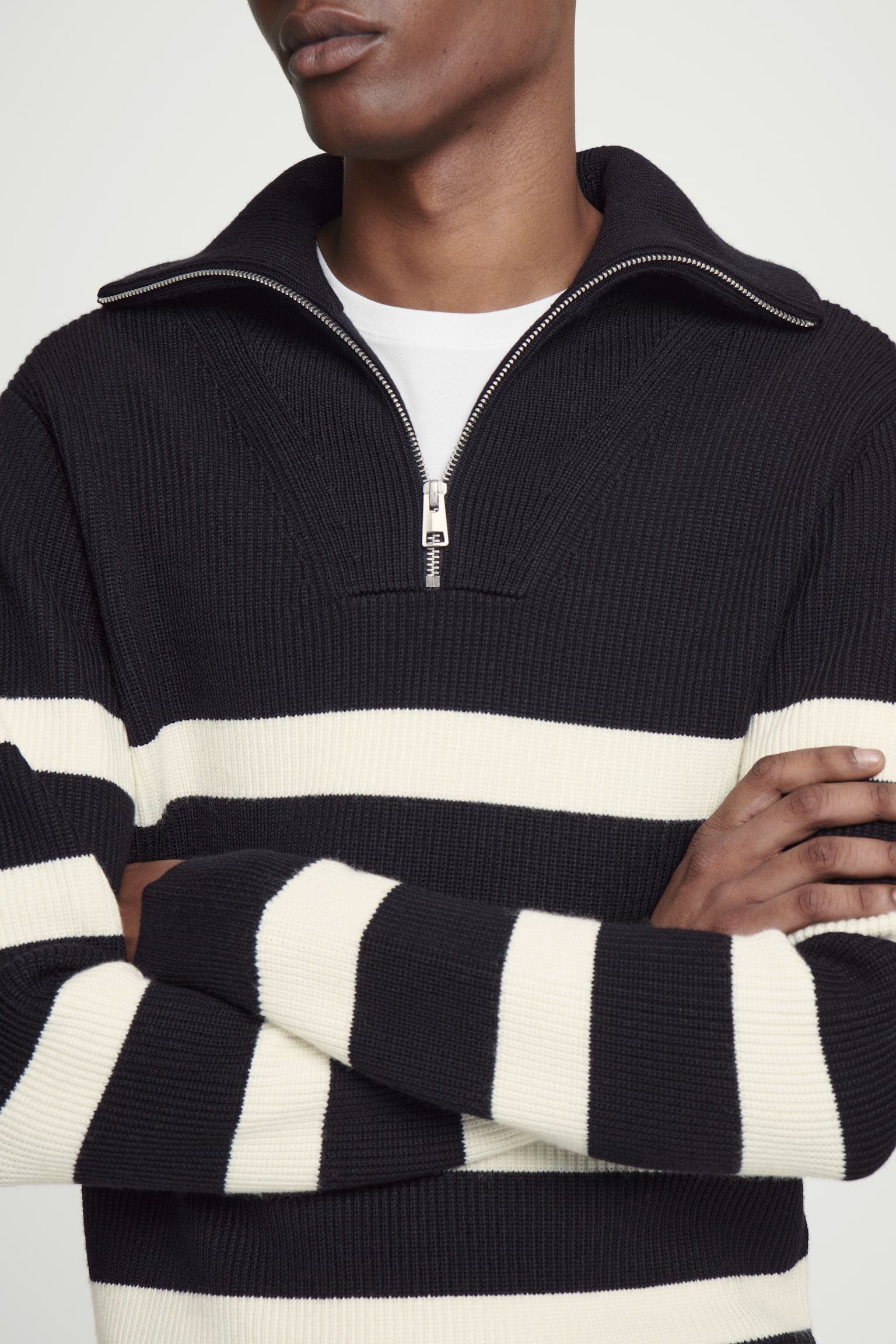 MERINO WOOL HALF-ZIP JUMPER - BLACK / CREAM / STRIPED/BEIGE/DARK GREY - 5